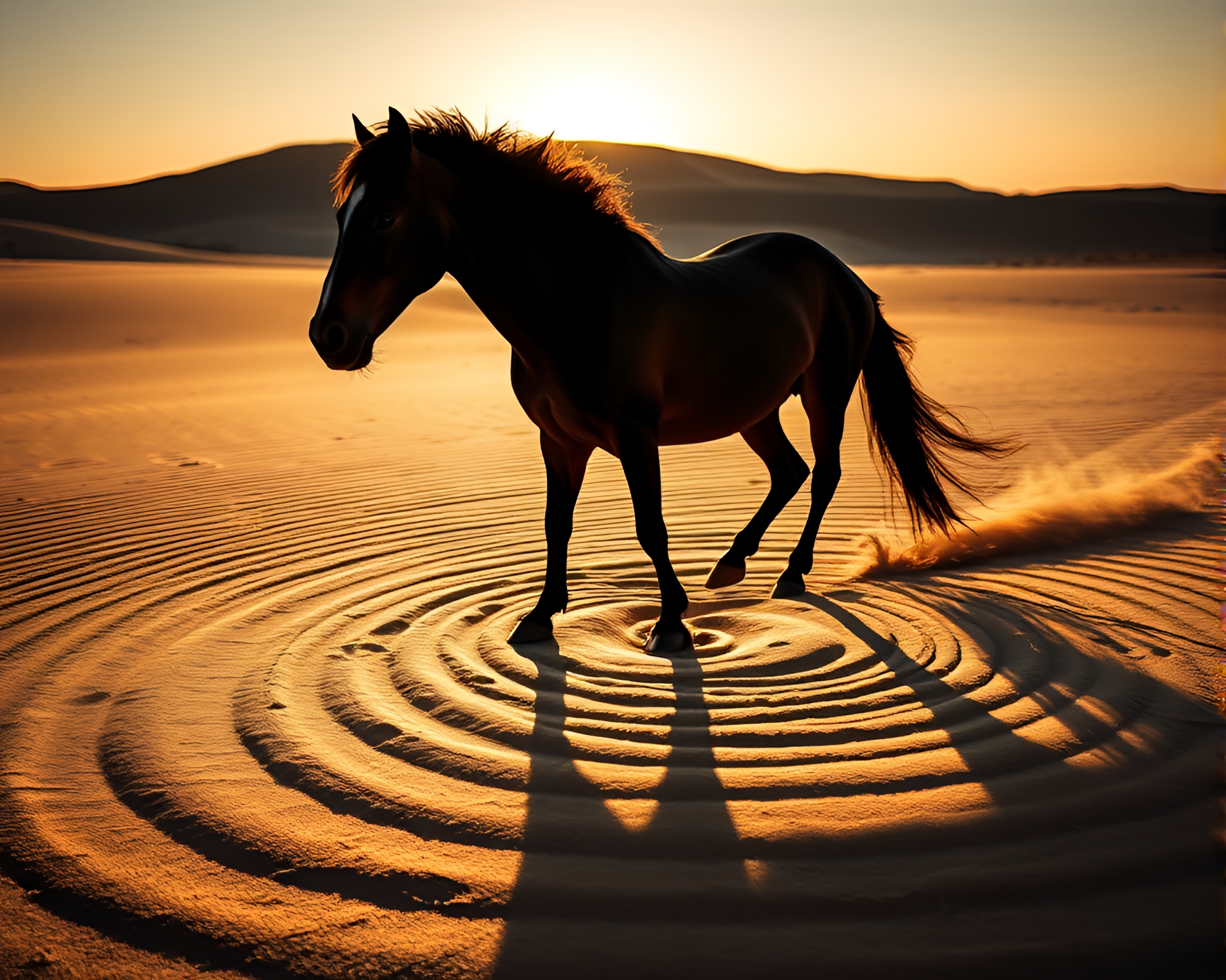 Majestic Stallion in Sand Swirl Silhouette – free AI stock image