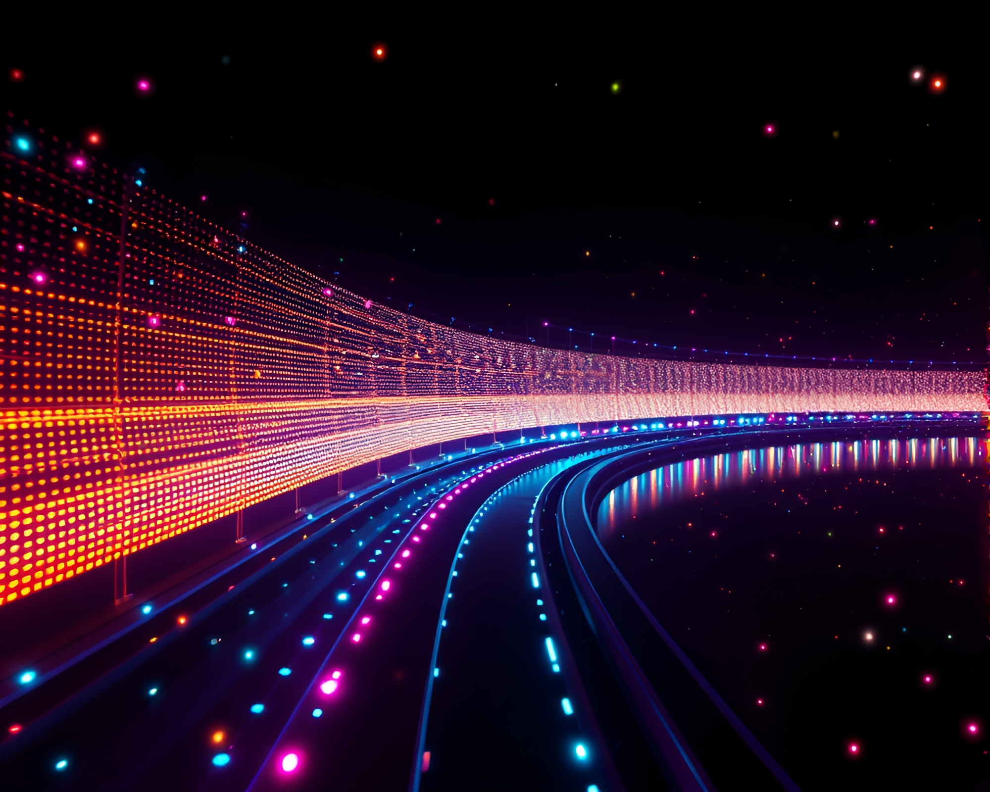 Monorail Halftone Grid Glows in Particle Simulation World – free AI stock image