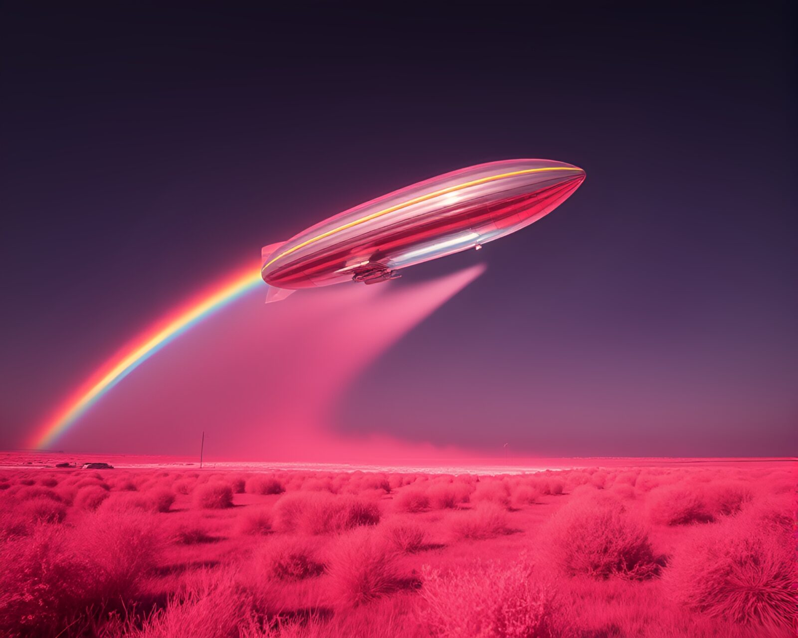 Vibrant oil slick rainbow illuminating zeppelin in infrared light