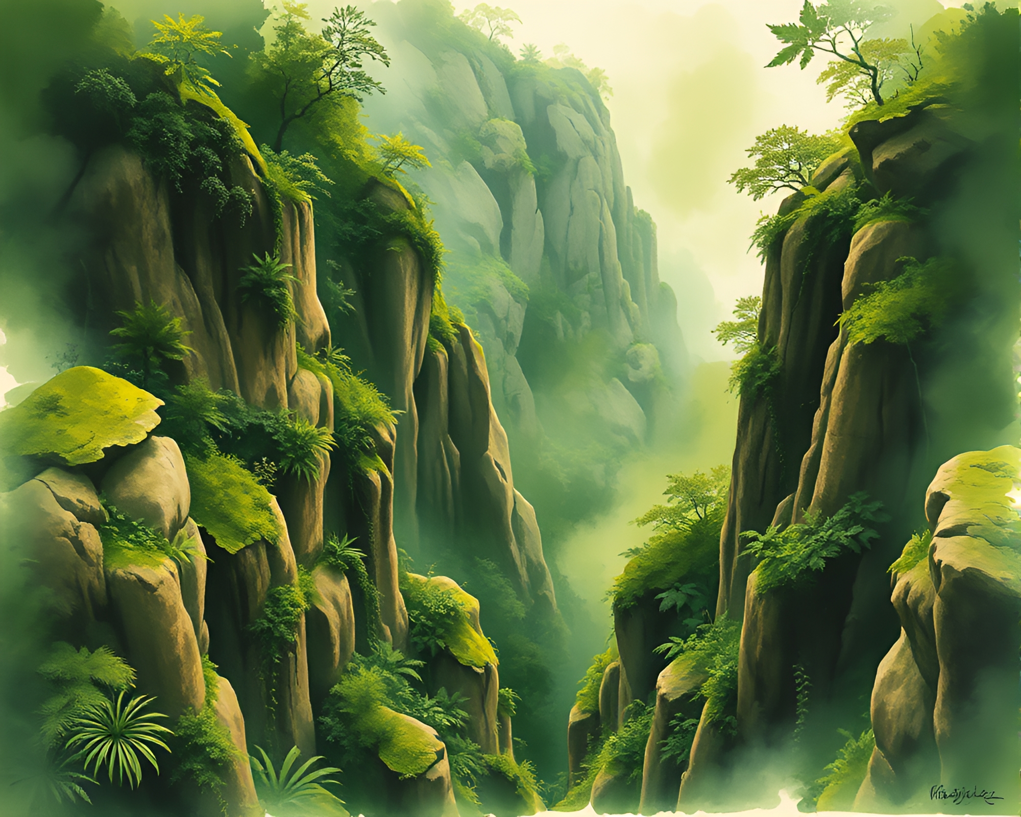 Eroded Canyon Embracing Golden Spiral Ink Wash – free AI stock image