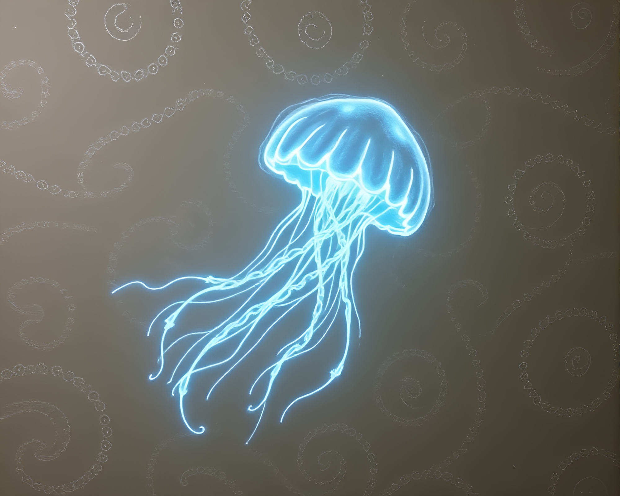 Bioluminescent jellyfish dance in smoky sand swirls – free AI stock image