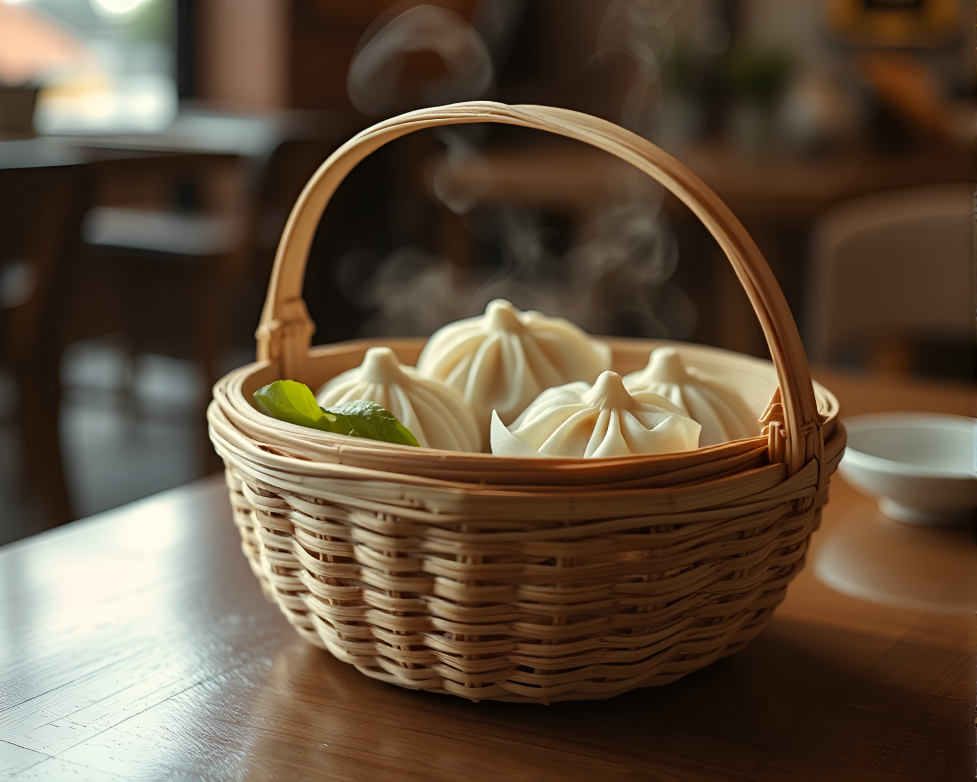 Elegant Dim Sum Basket with Soft Shadows and Motion Blur – free AI stock image
