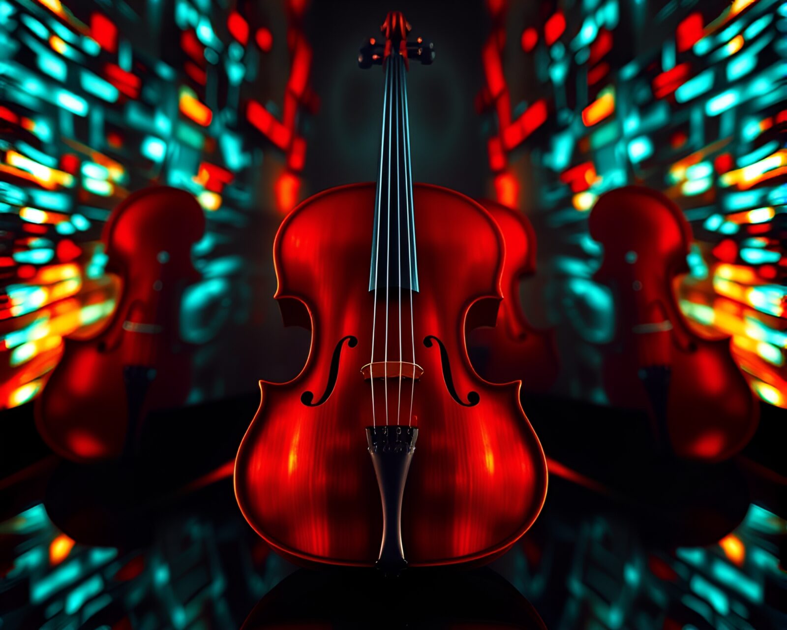 Symmetrical composition of a vibrant violin under CRT light