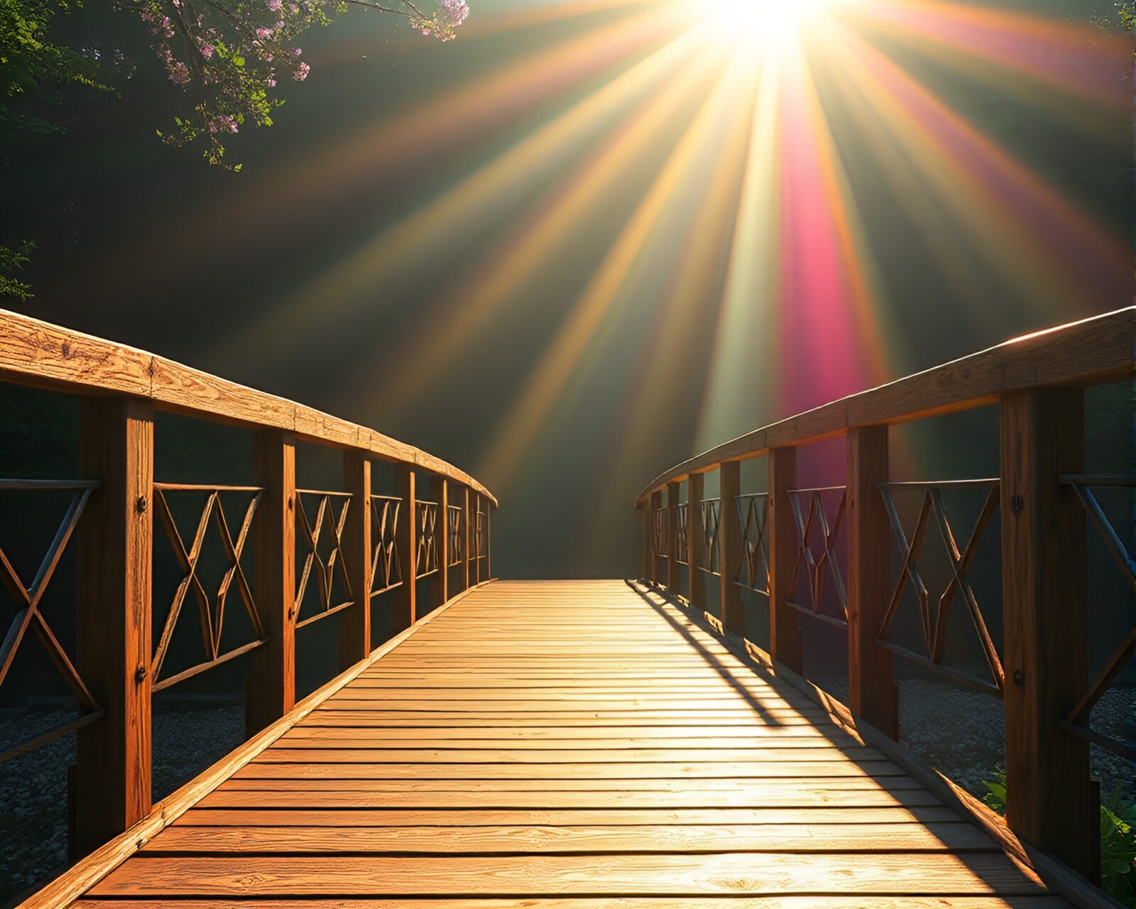 Surreal image of light rays creating rainbow on bridge