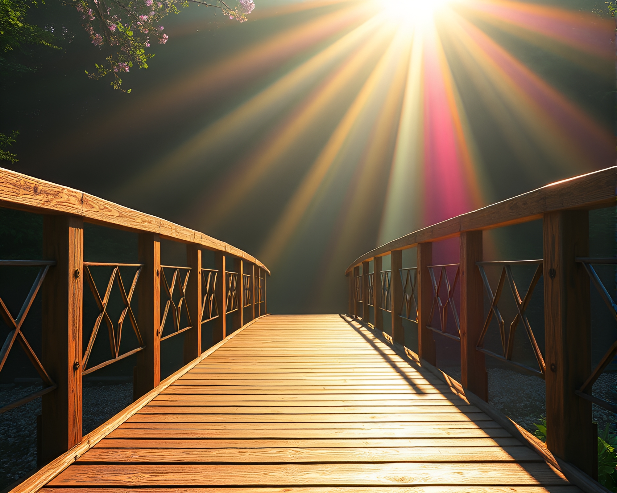 Rainbow-refracted Sunbeams on Wooden Bridge – free AI stock image