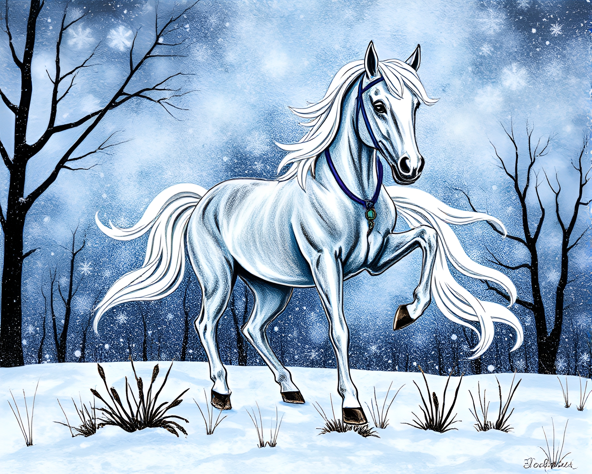 Majestic Wild Stallion in Snow-Kissed Conté Crayon Collage – free AI stock image