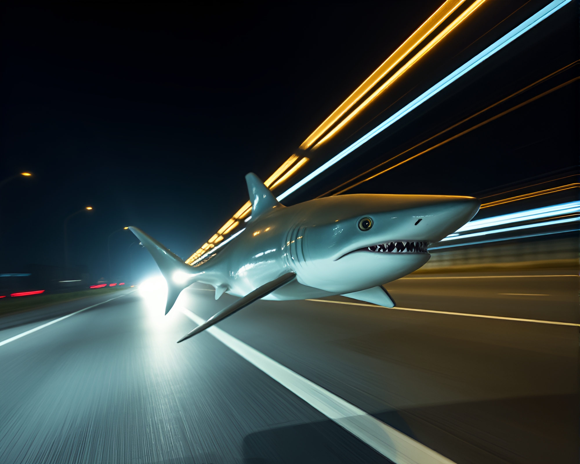 Shark swimming through ethereal ivory light trails – free AI stock image