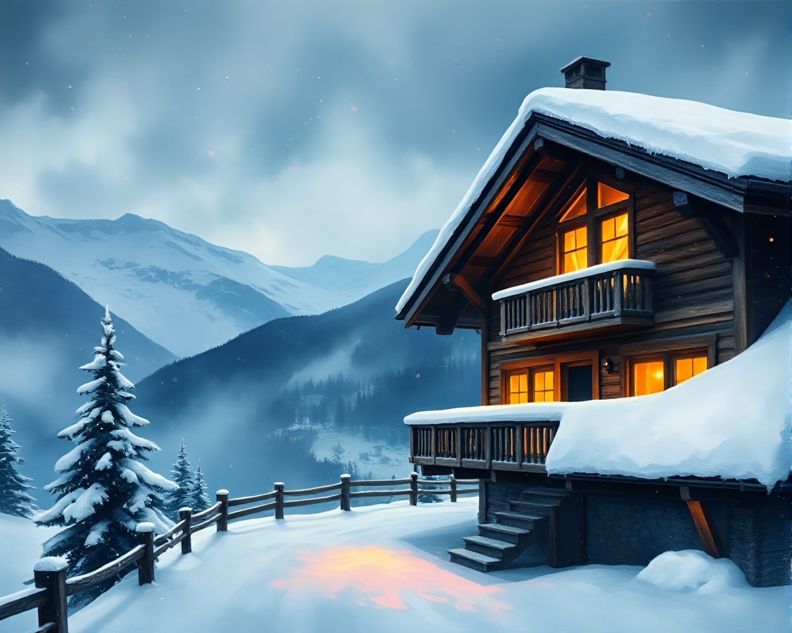 Smokey haze envelops holographic specks in mountain chalet scene