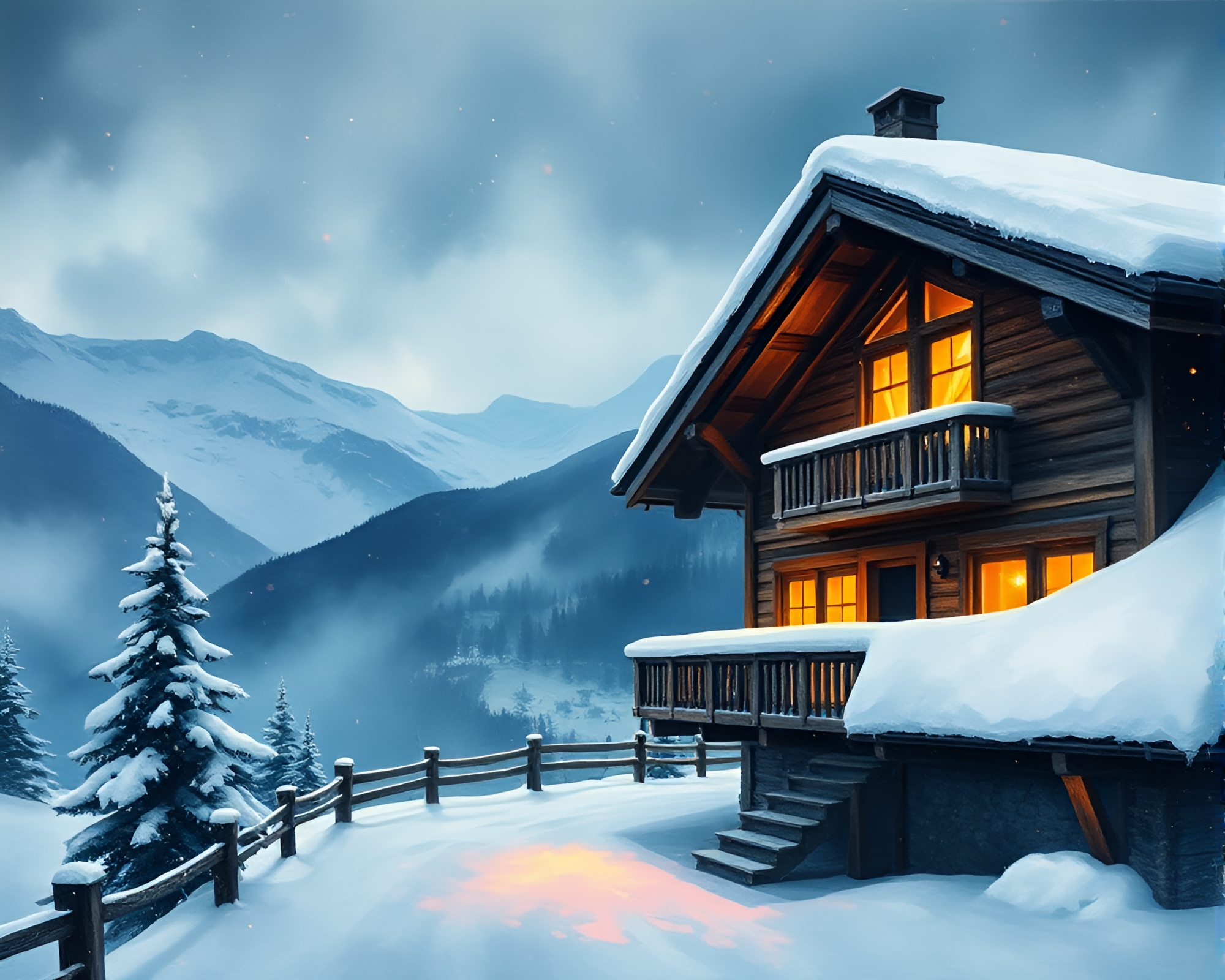 Alpine Chalet Hologram Specks in Ink Wash Style – free AI stock image