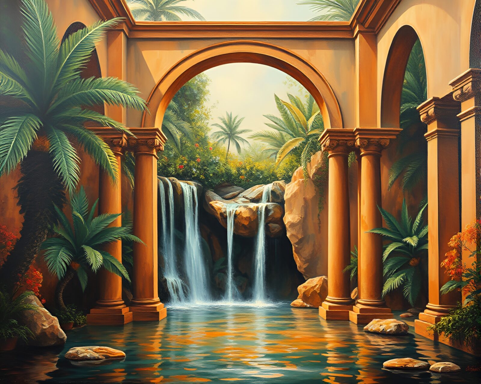 Oil on canvas of a majestic tropical waterfall in copper hues