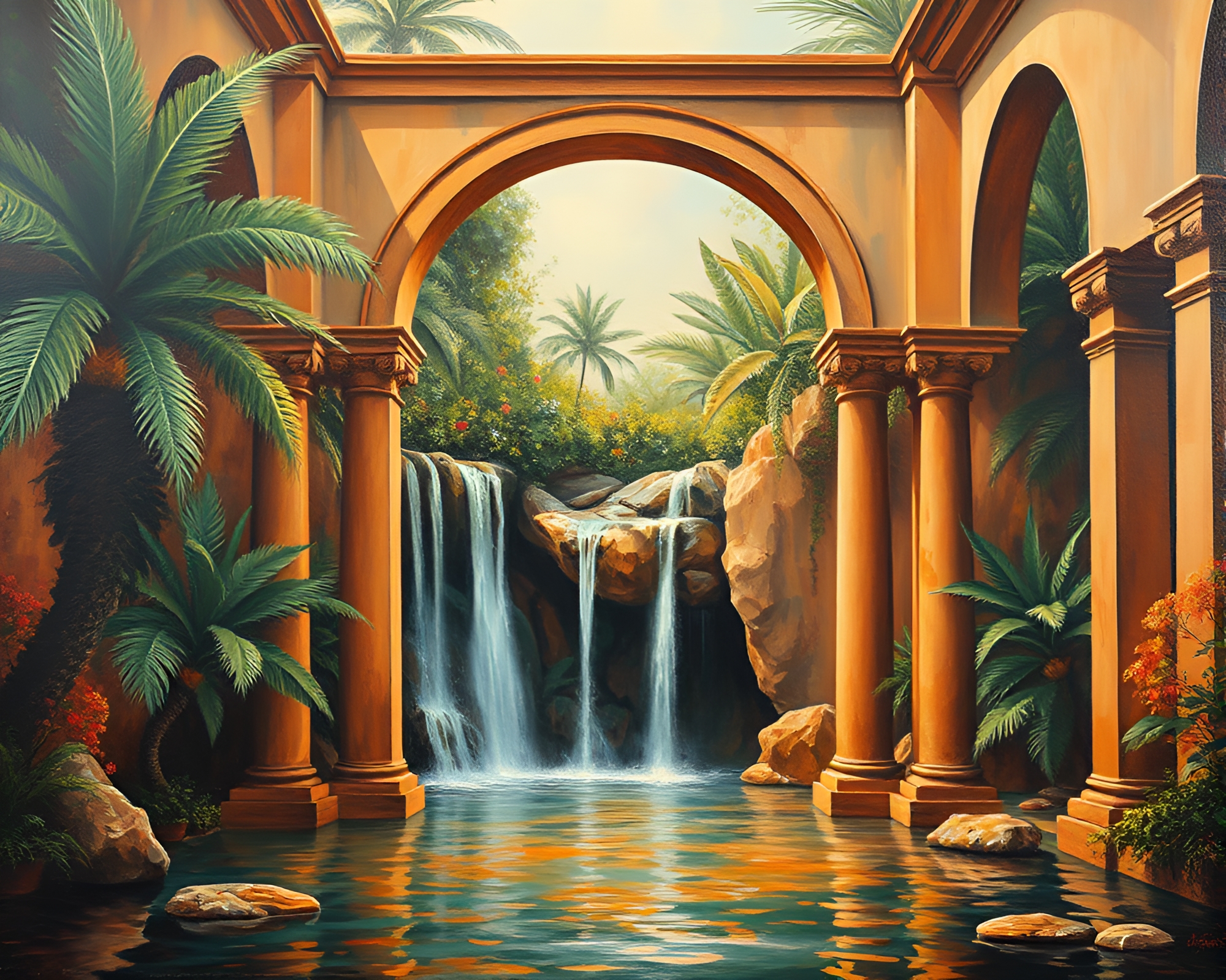 Tropical Waterfall Oasis in Copper-Toned Architectural Frame – free AI stock image
