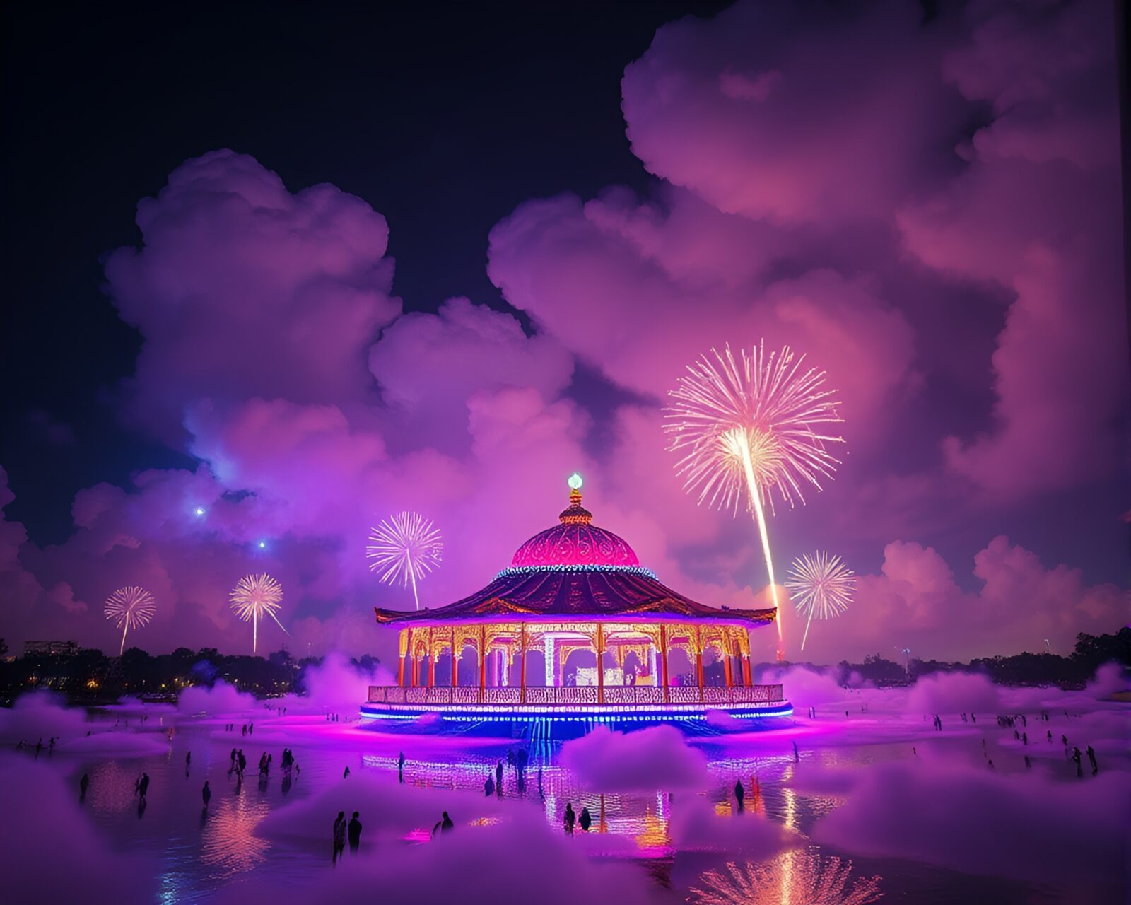Ultraviolet style cloud formations over floating pavilion at festival fireworks show