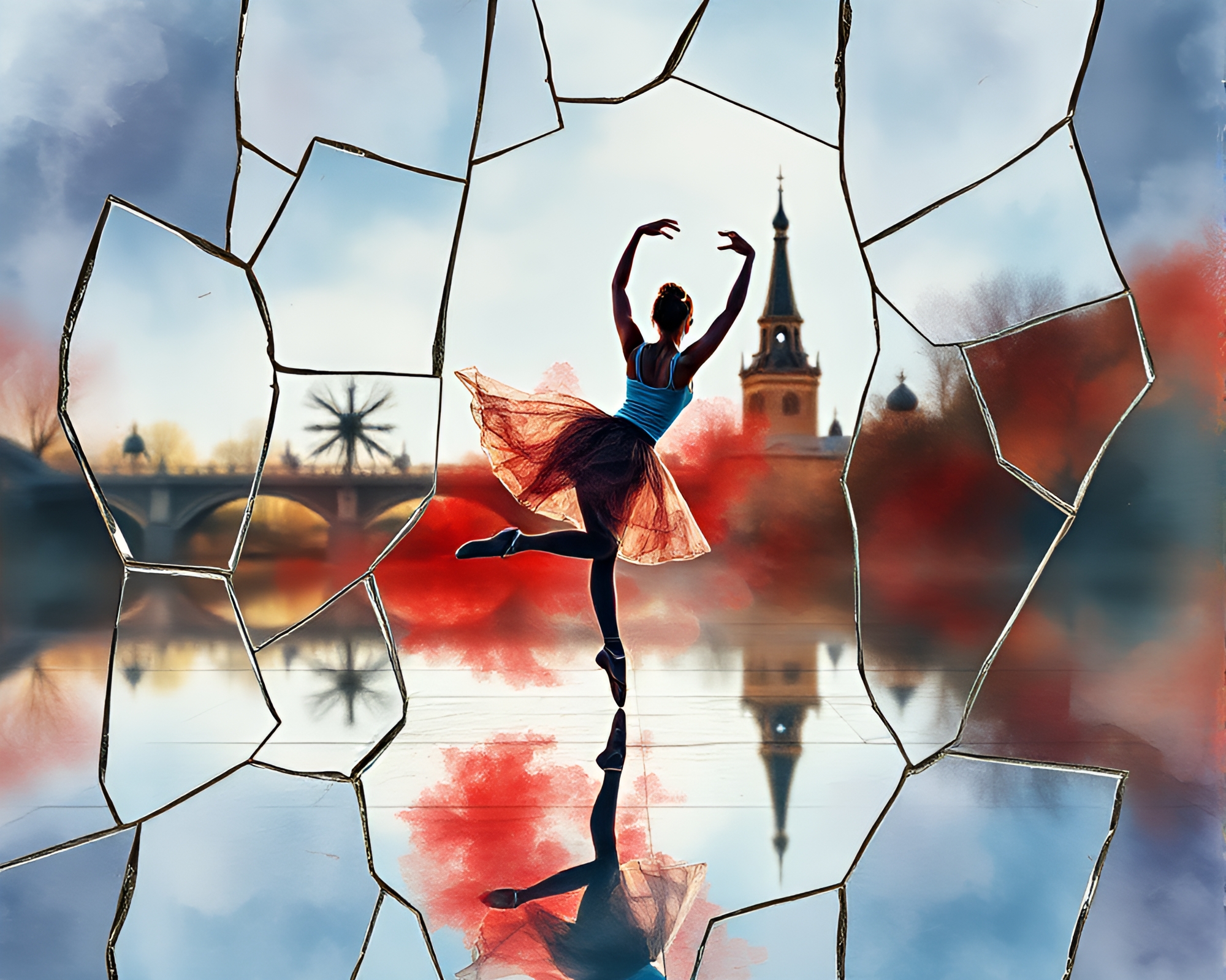 Glimmering Glass Reflection: Ballet Dancer in Watercolor Collage – free AI stock image
