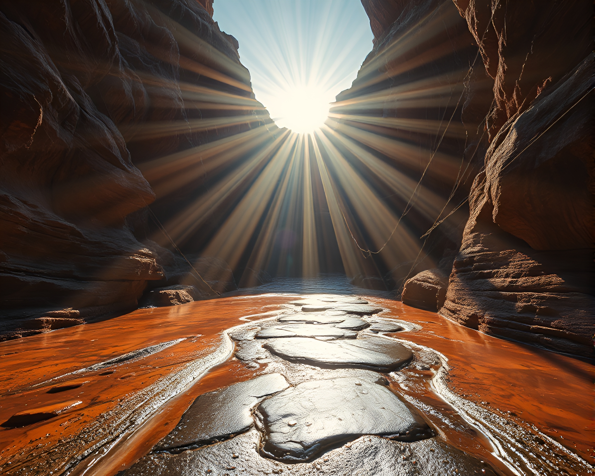 Canyon God Rays Kinetic Wet Pavement Composition – free AI stock image