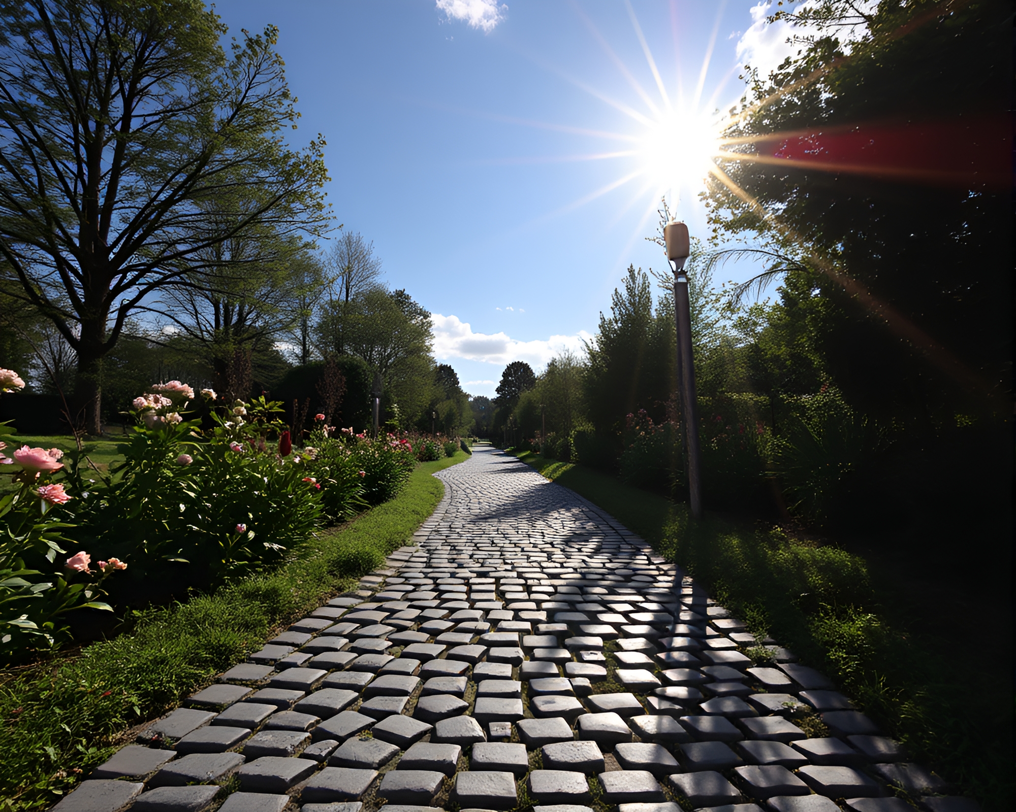 Cobblestone Path Leading to Sky Garden with Lens Flare Bursts – free AI stock image