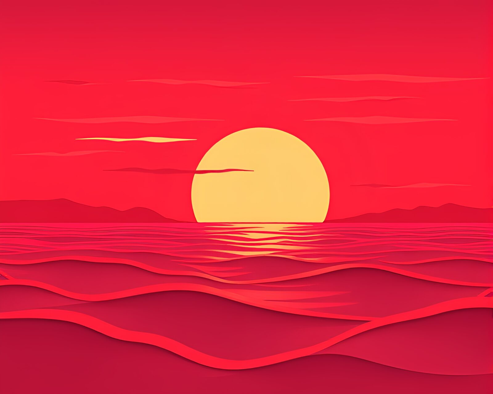 Surreal sunset scene with paper tears and ruby red contrast