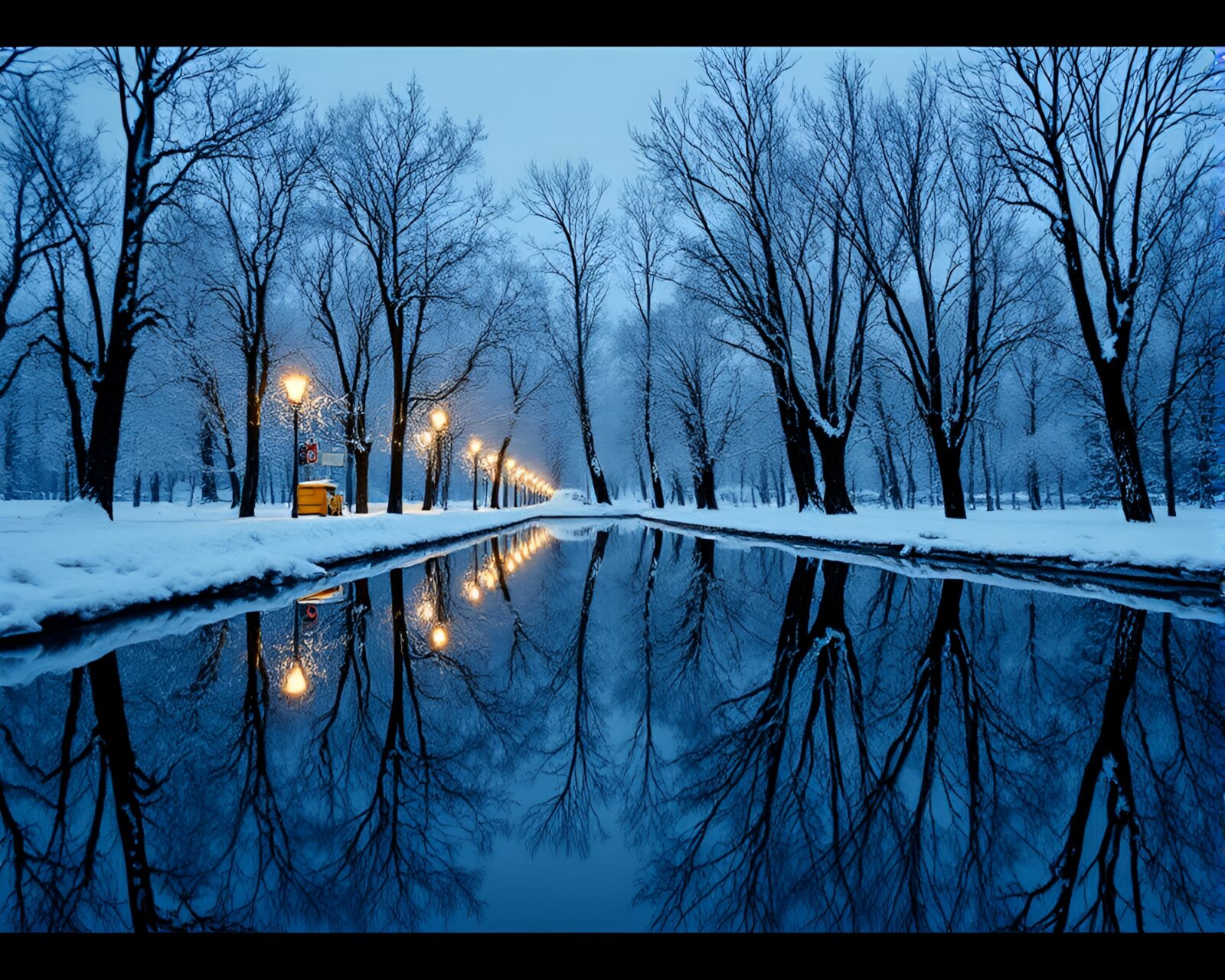 Majestic snowy scene with dual reflections and VHS distortion