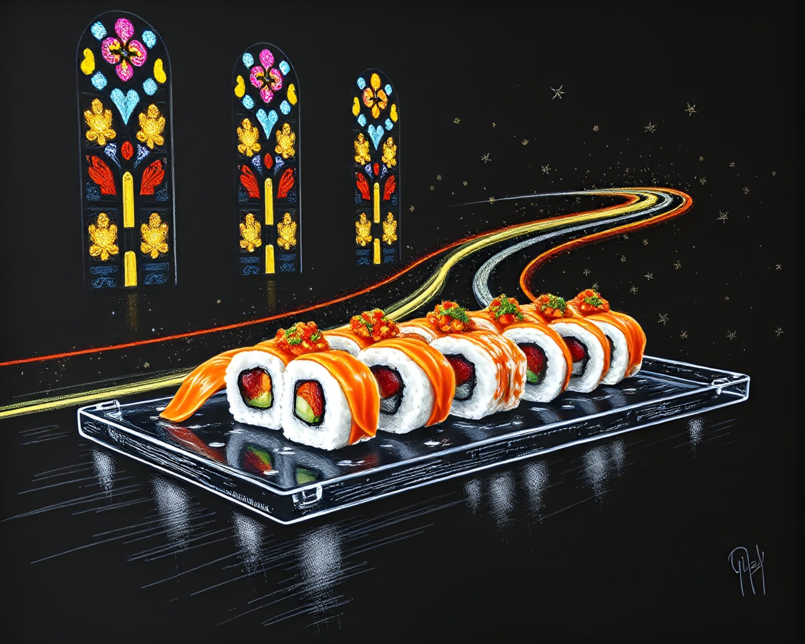 Chalkboard drawing of a sushi platter with cathedral-like lighting