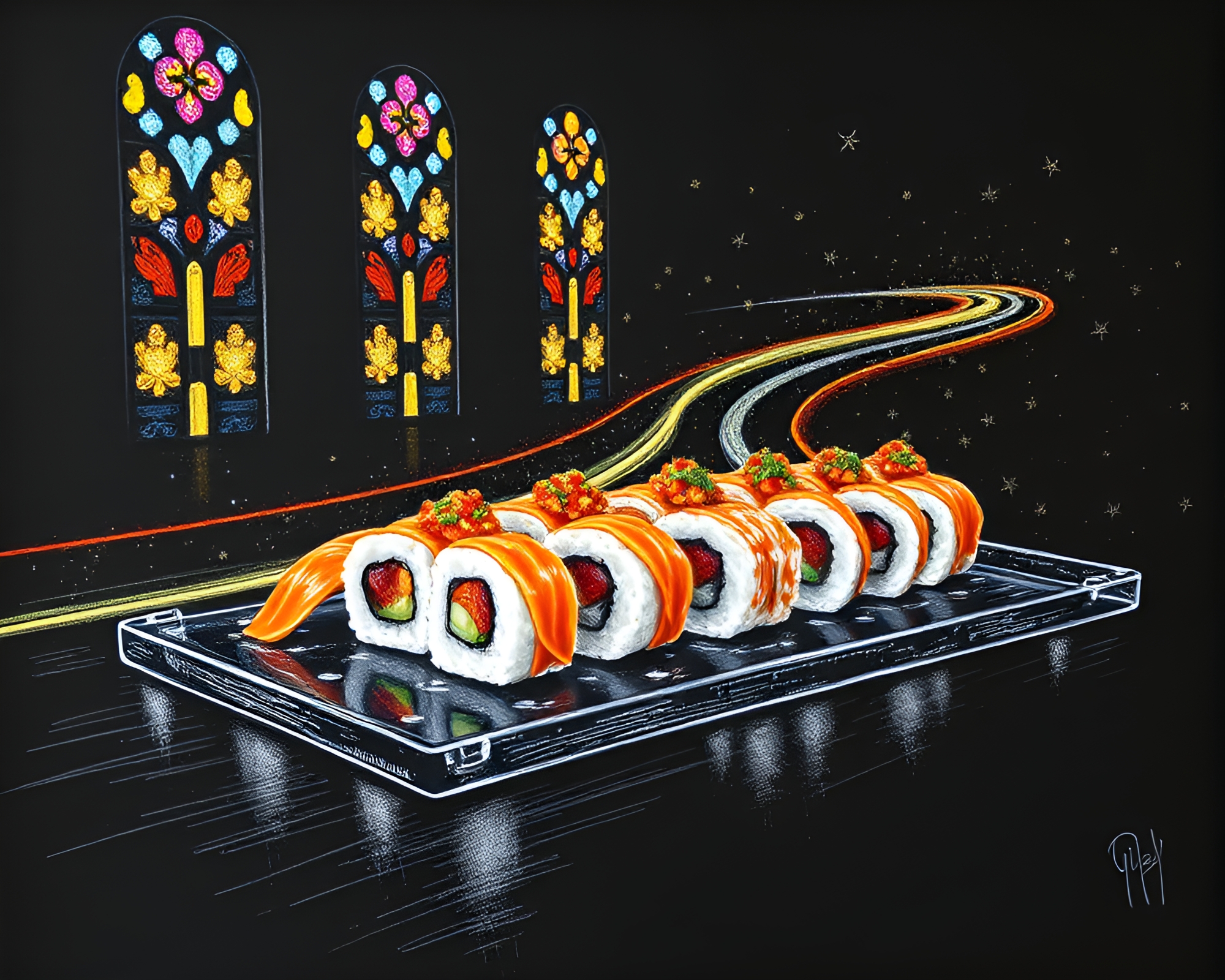 Sushi Platter Illuminated by Car Light Trails – free AI stock image