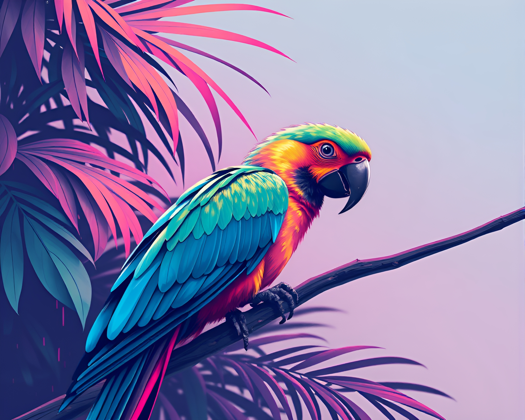 Neon Jungle: Tropical Parrot Cyberpunk Illustration – free AI stock image