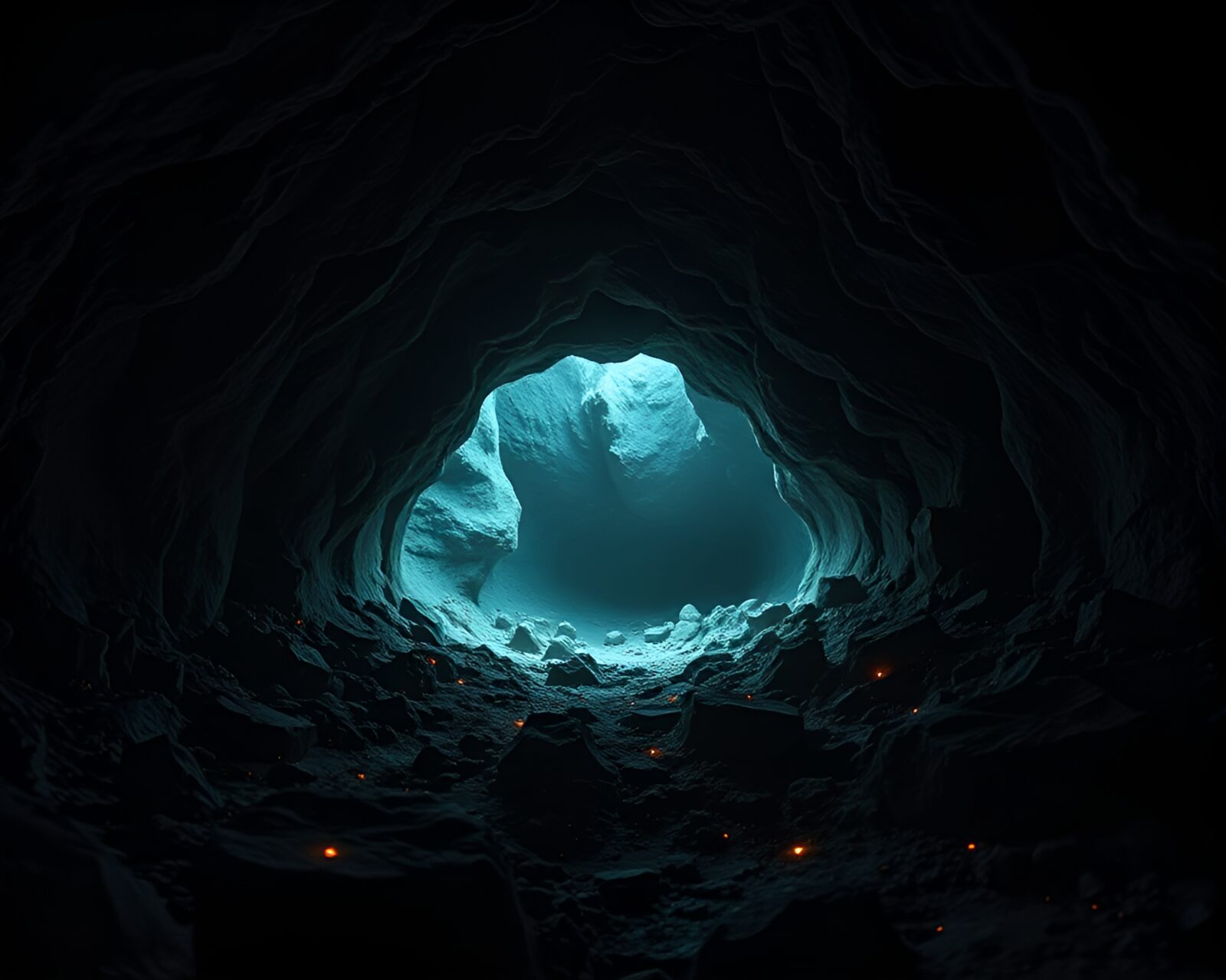 Surreal image of gravity boots in neon-lit cave