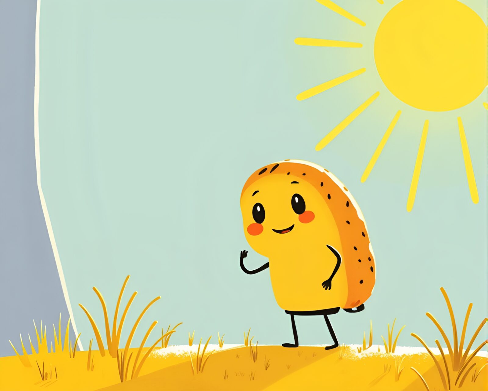 A whimsical children's book illustration of a baguette in a sunny mustard yellow forest