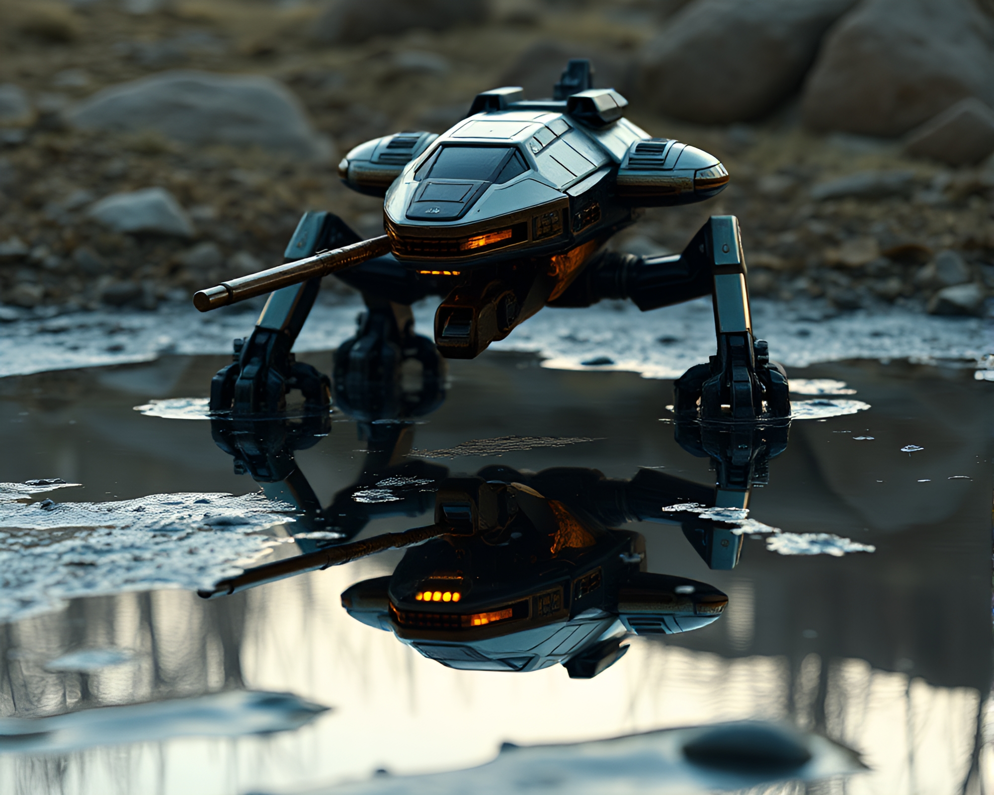 Battle Mech Reflection in Bronze Puddle – free AI stock image