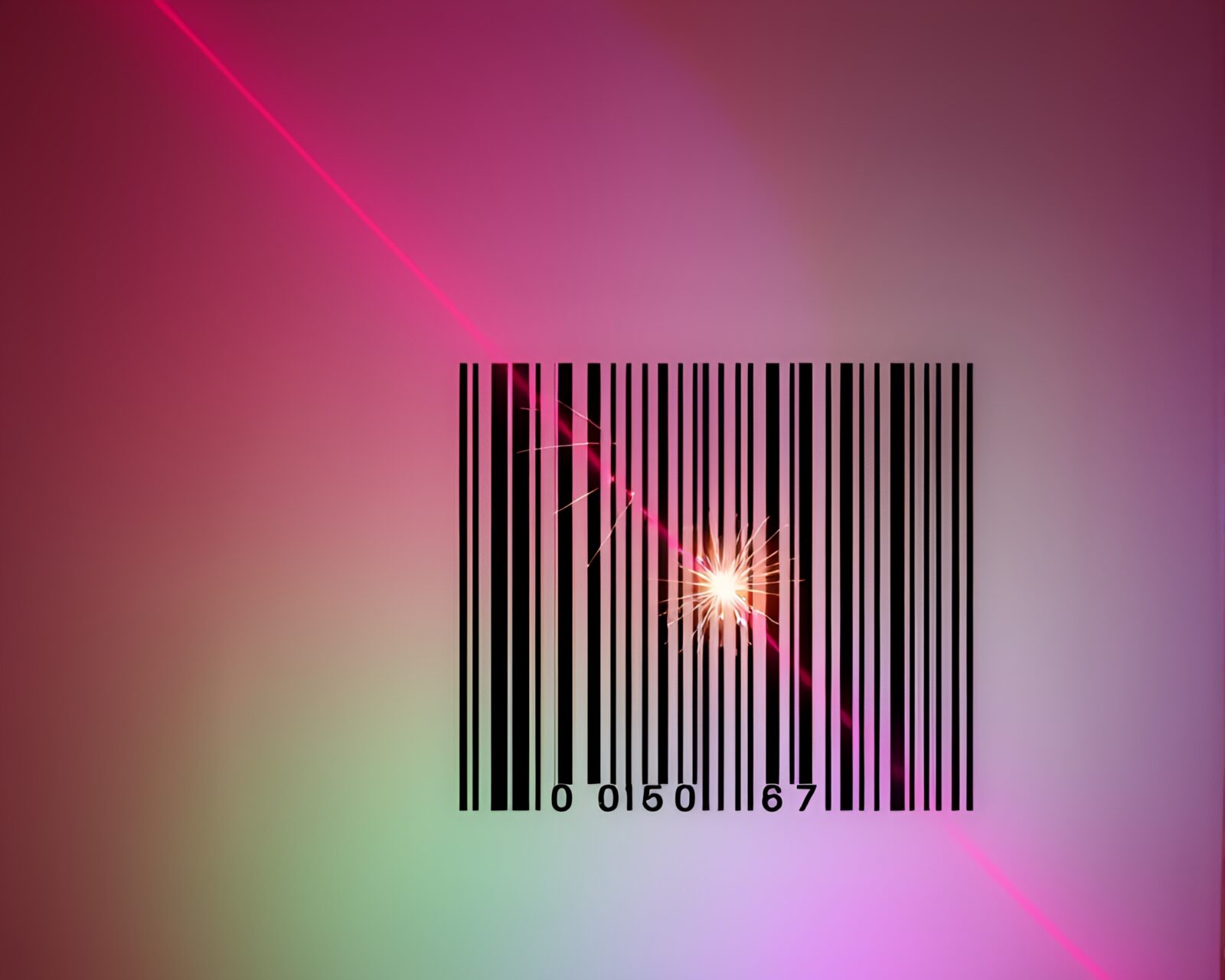 Vibrant laser sword glowing amidst barcode stripes