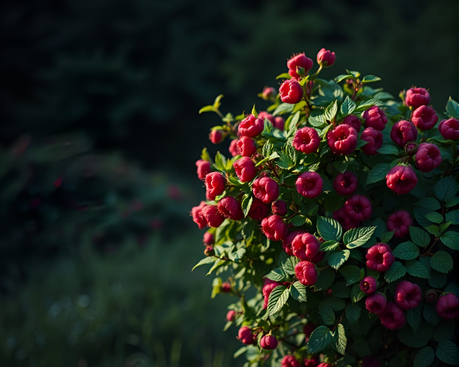 Beautifully painted raspberry bush in spotlight with vignette border