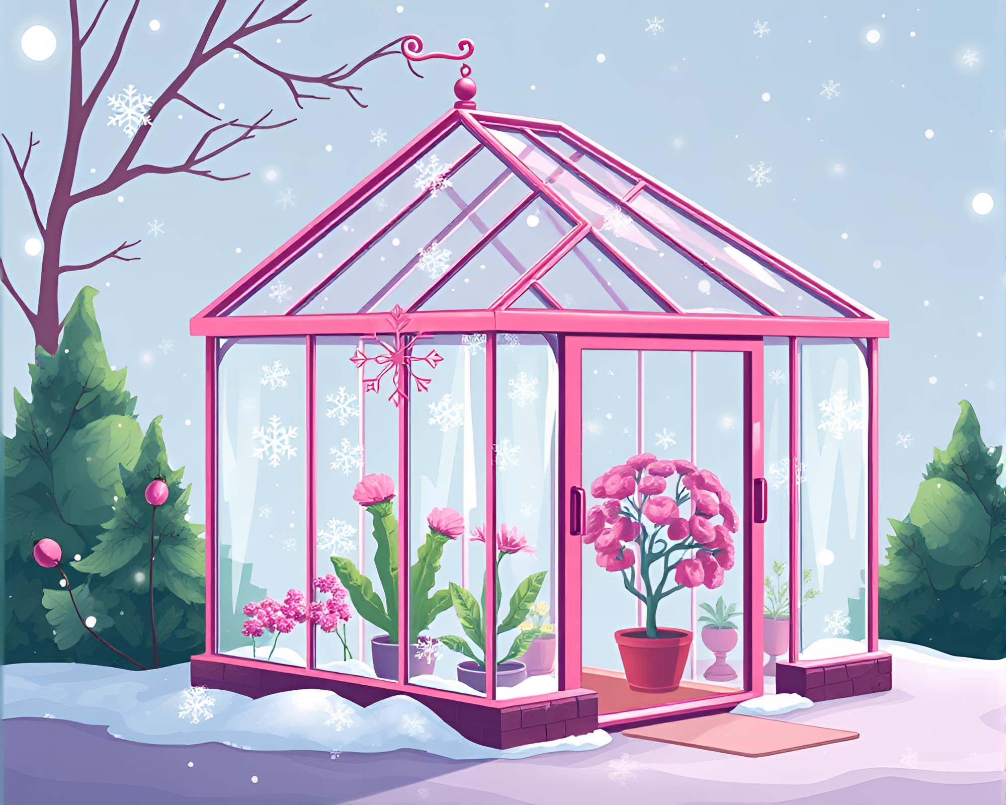Whimsical Glass Greenhouse with Magenta Snowflakes – free AI stock image