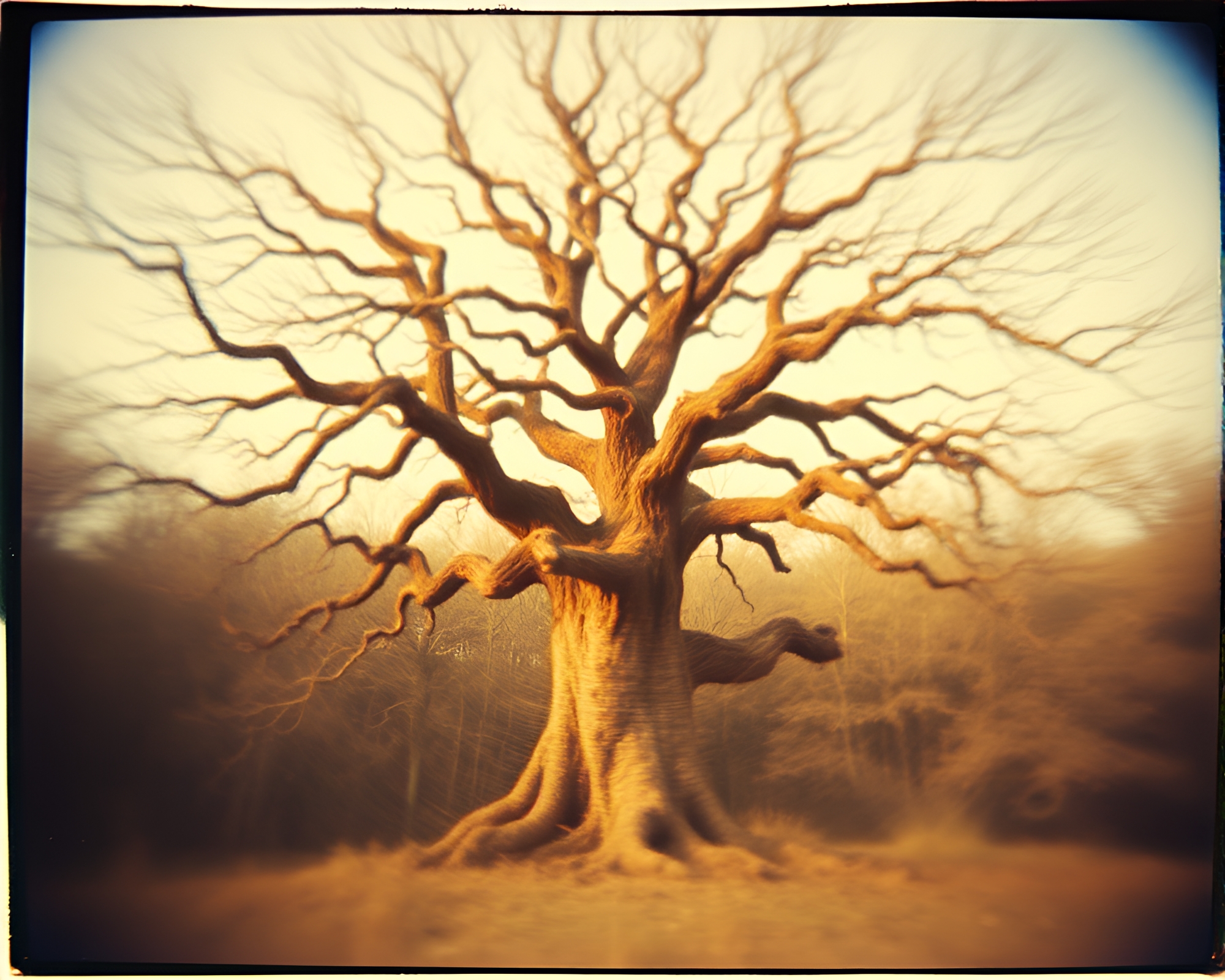 Enchanted Ancient Tree in Lens Distortion Swirl – free AI stock image