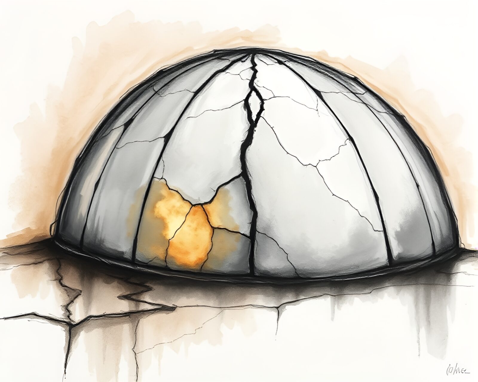 Charcoal sketch of stained glass dome reflected on icy cracks