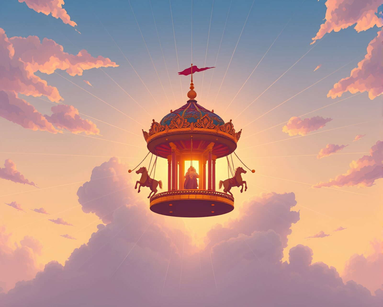 Cartoon-style chariot with radial symmetry under pastel sunrise sky