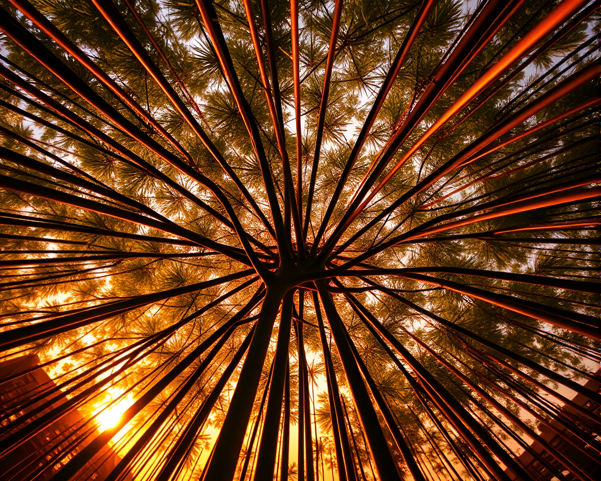 Bamboo Grove Photocollage with Radial Symmetry in Warm Sunset Hues – free AI stock image