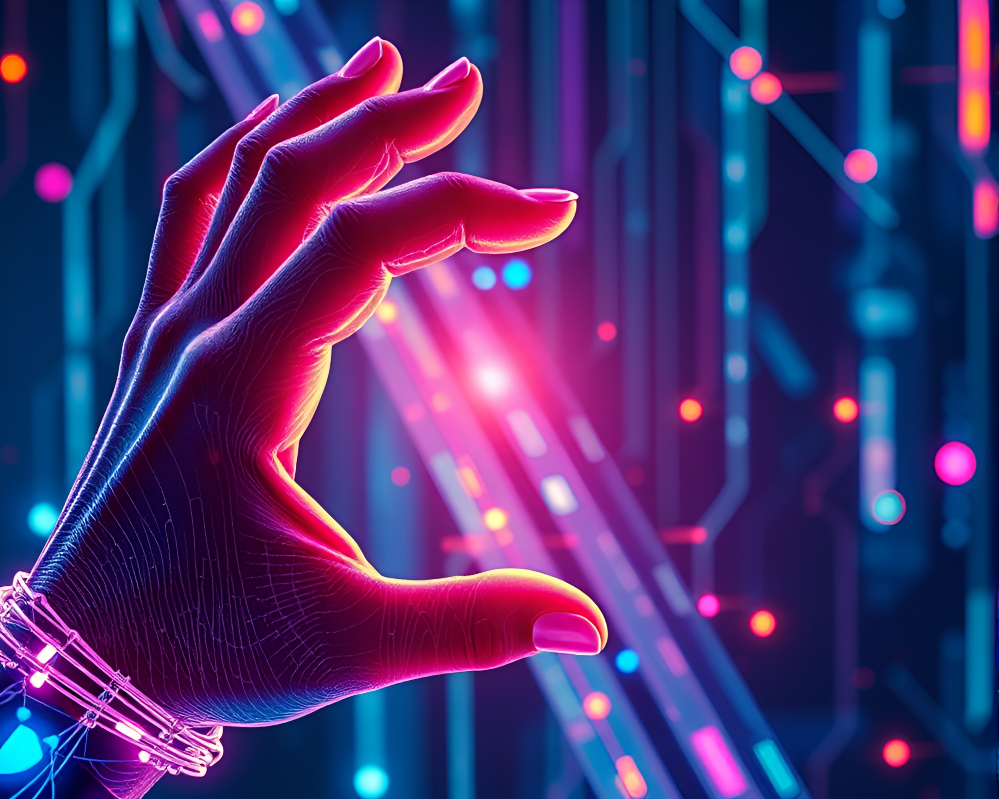Cybernetic Hand Fantasy Illustration with Iridescent Highlights – free AI stock image