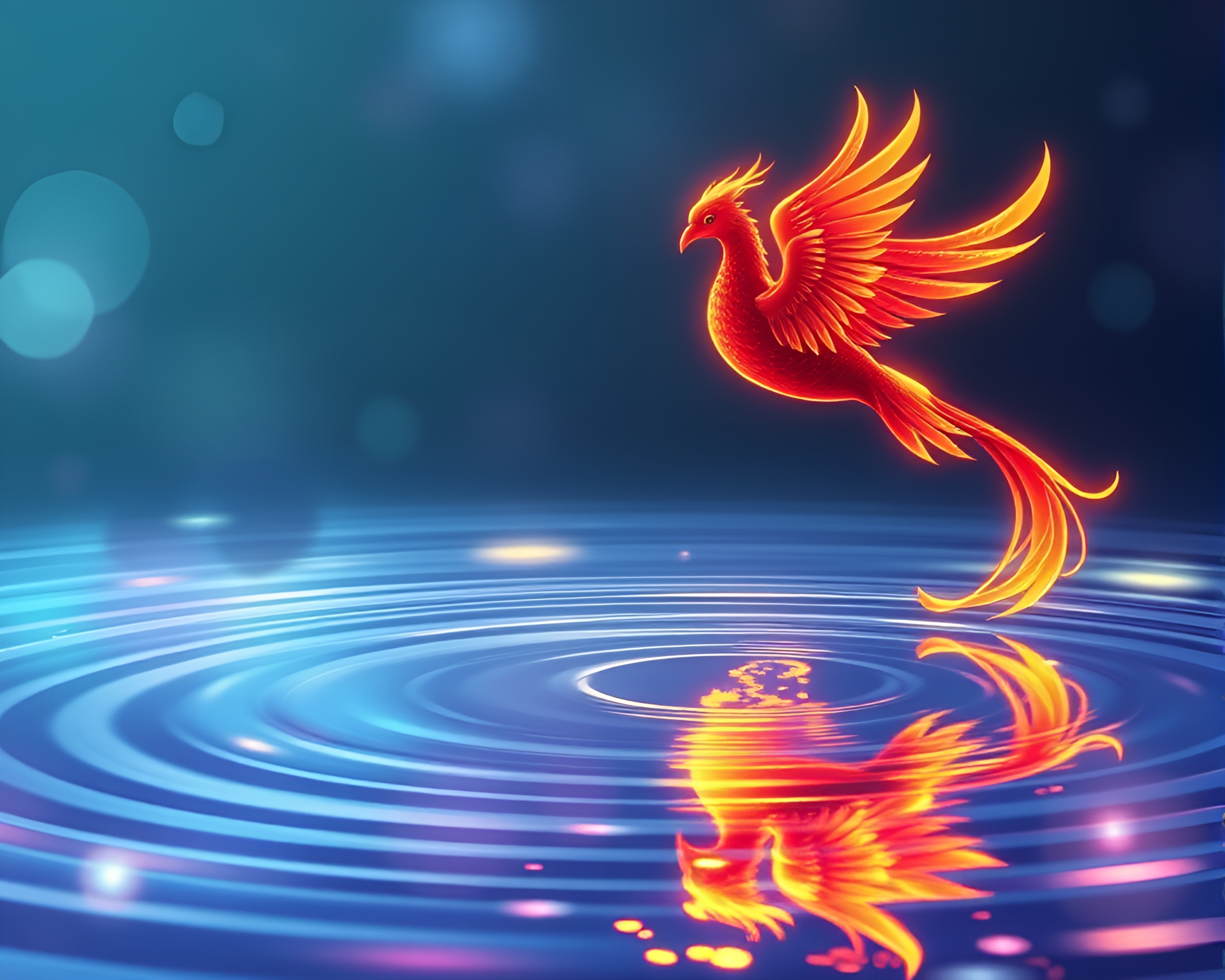 Cartoon Phoenix Reflecting in Holographic Water Ripples – free AI stock image