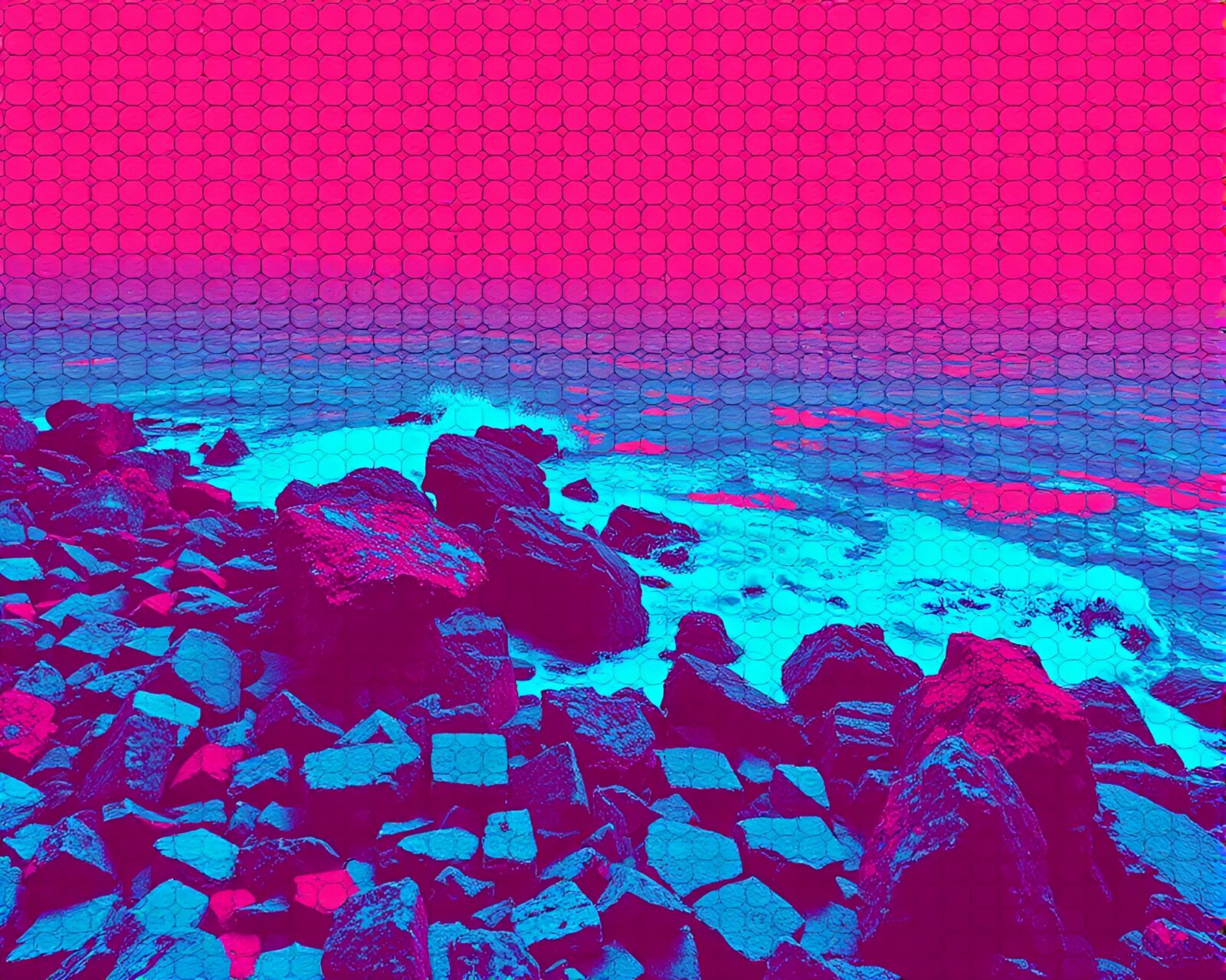 Duotone red-blue rocky coastline with hexagonal pattern