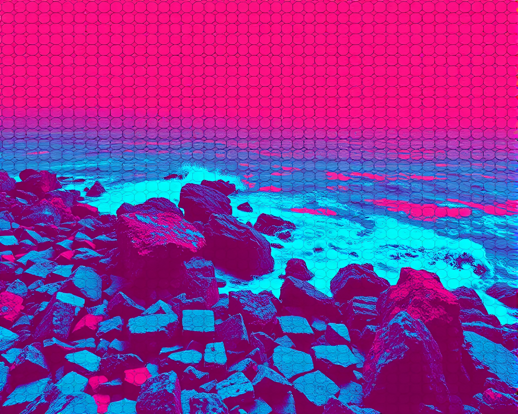 Vaporwave Rocky Coastline with Hexagonal Tiling – free AI stock image