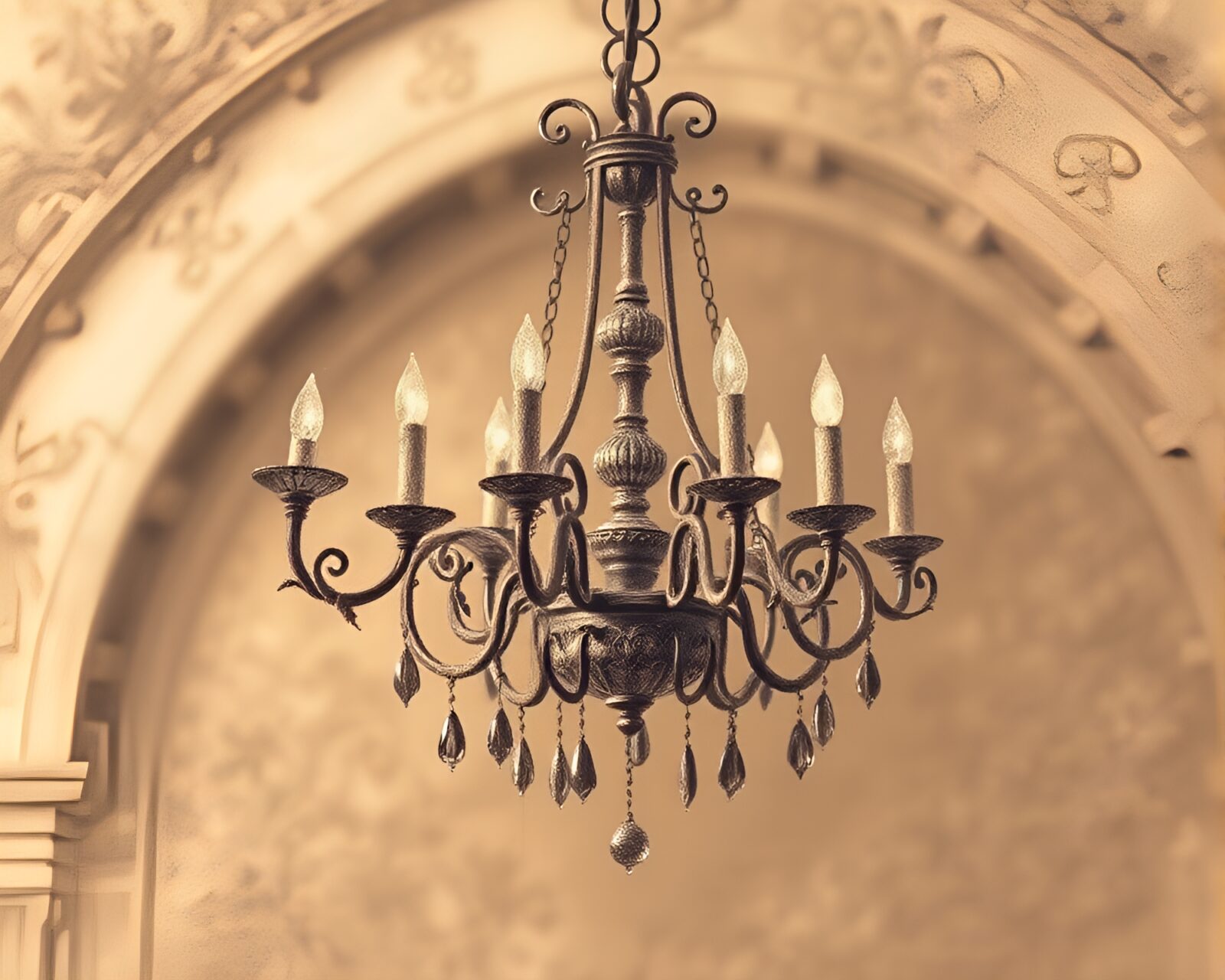 Elegant chandelier in a sepia-toned pencil drawing