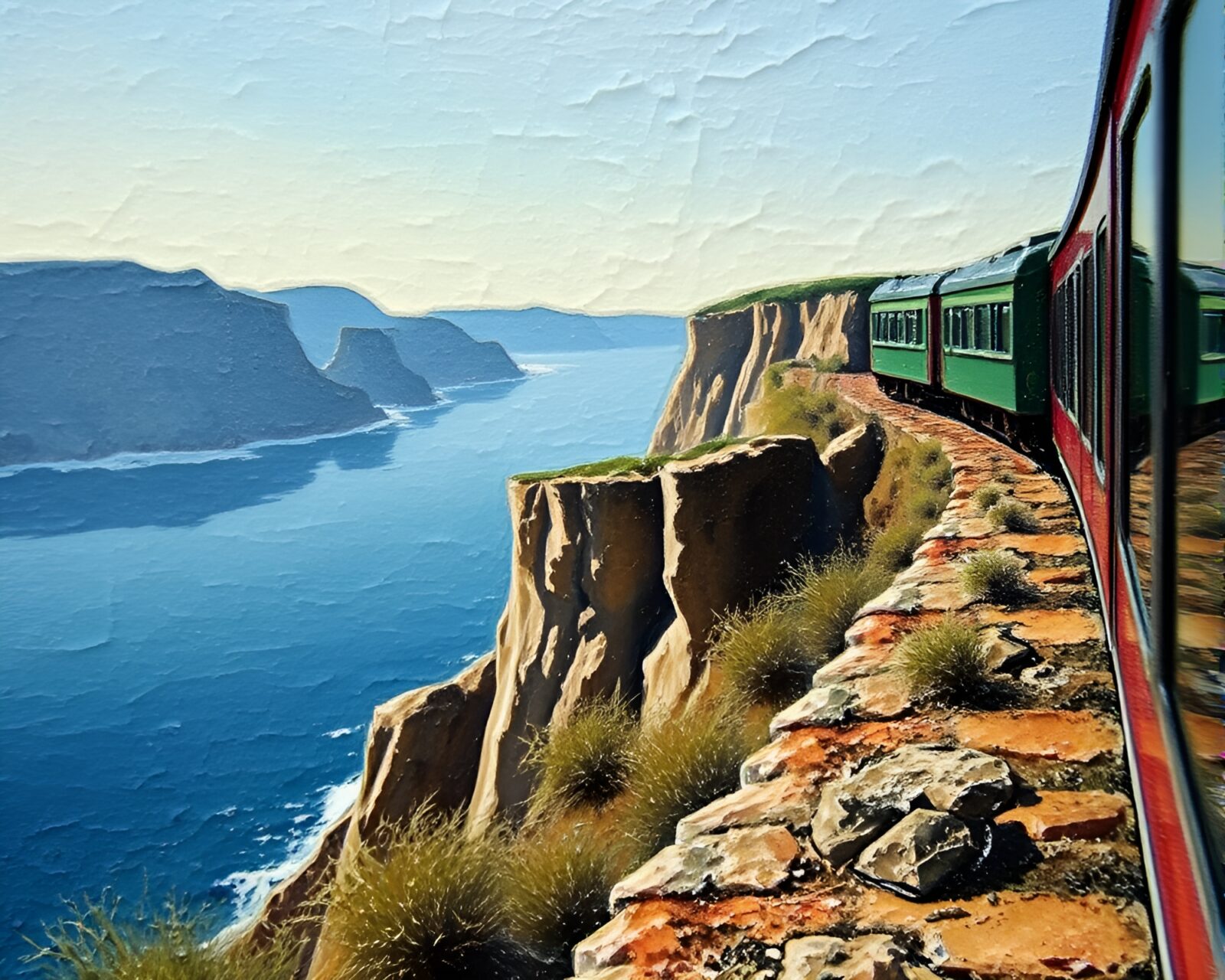 Macro close-up of encaustic train art on shadowy cliff