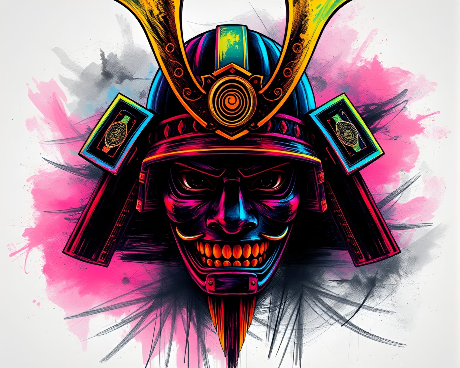 Detailed charcoal sketch of vibrant neon samurai helmet overlayed with textures