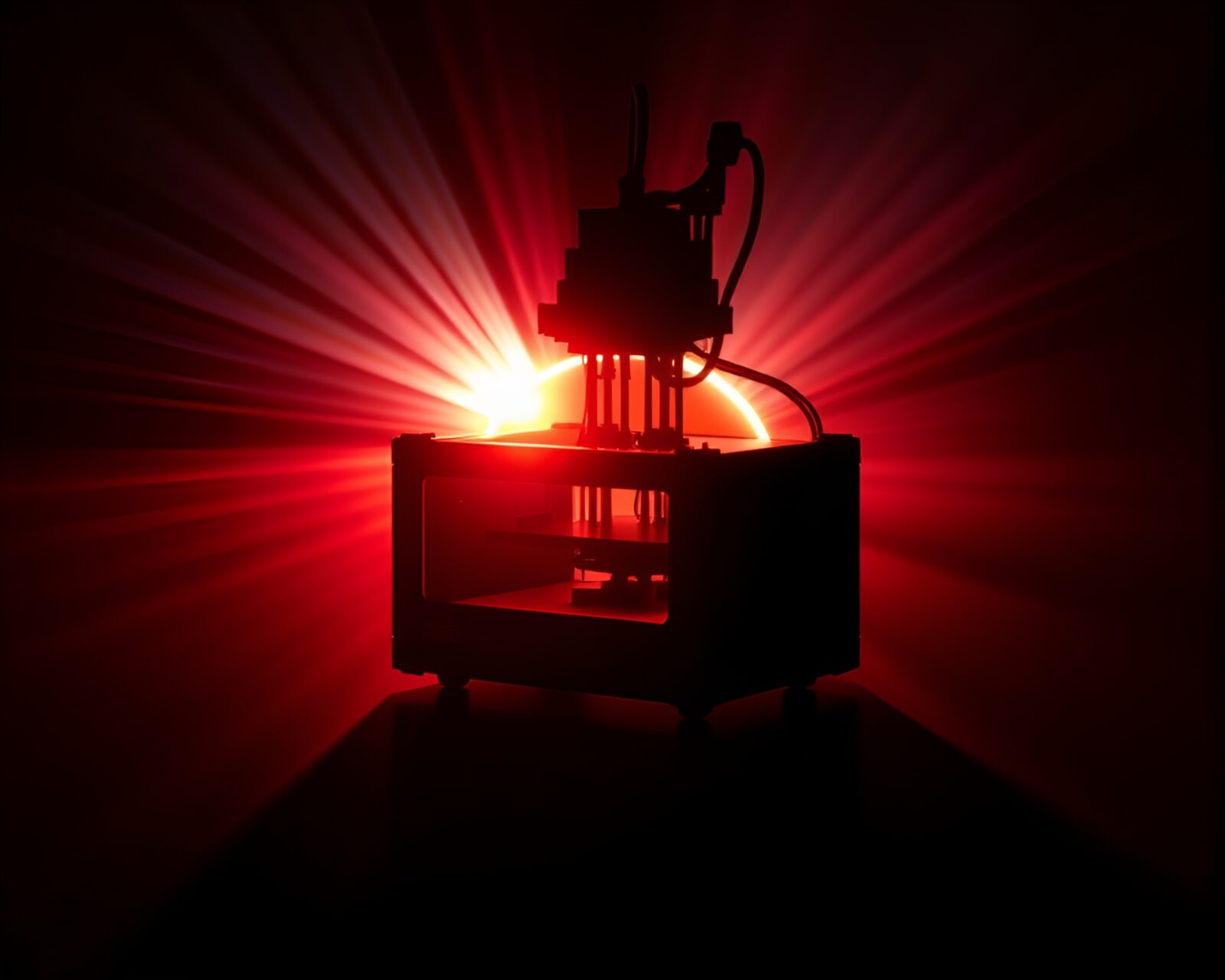 3D bio-printer surrounded by glowing laser beams in eclipse shadow