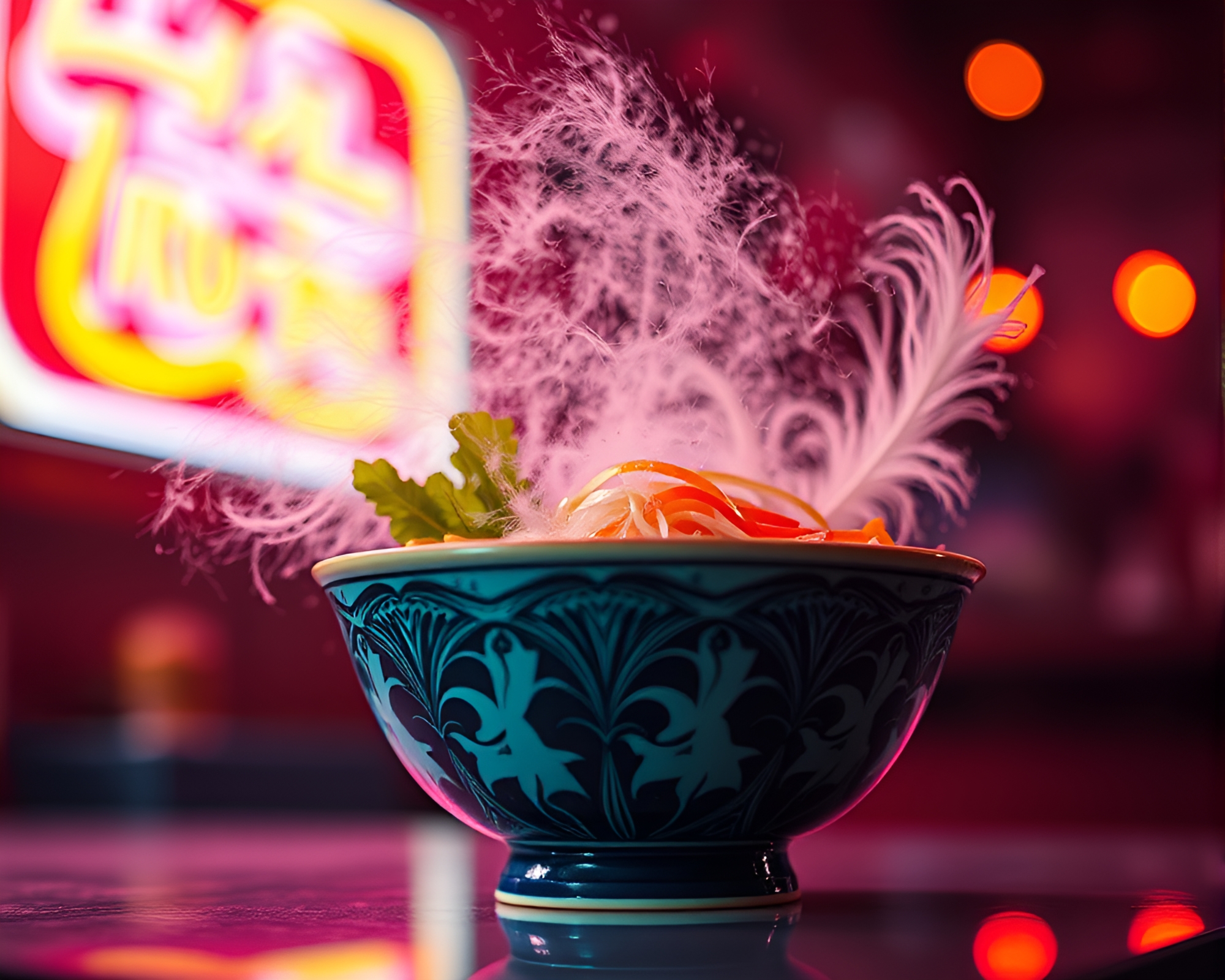 Neon Ramen Bowl Feather Dusting Art – free AI stock image