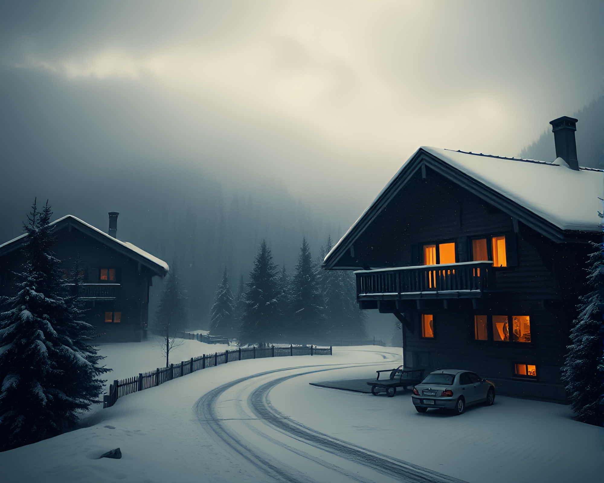 Desaturated Alpine Chalet with Dust Overlay in Graphic Novel Style – free AI stock image