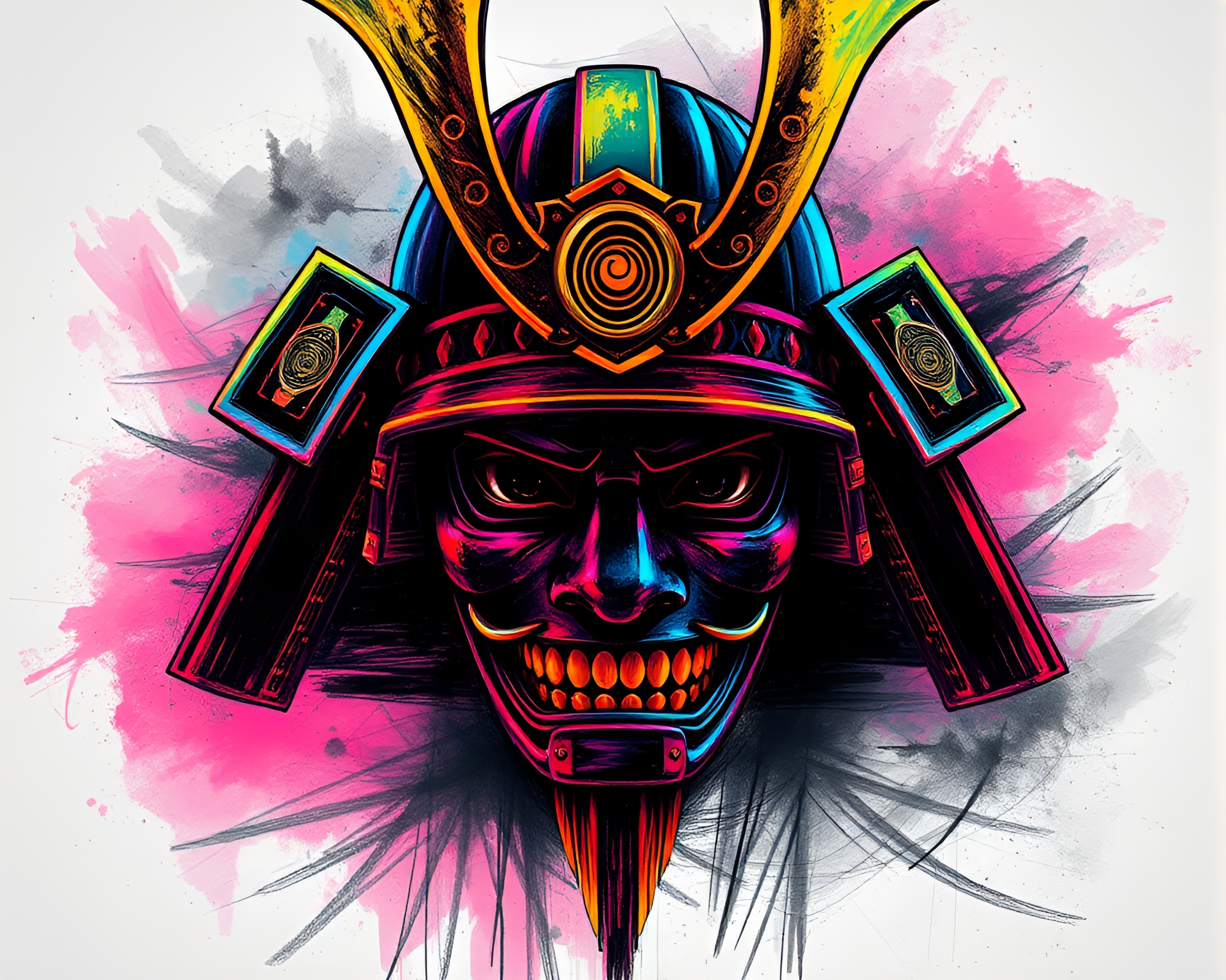 Neon Samurai Helmet in Charcoal Sketch Style – free AI stock image