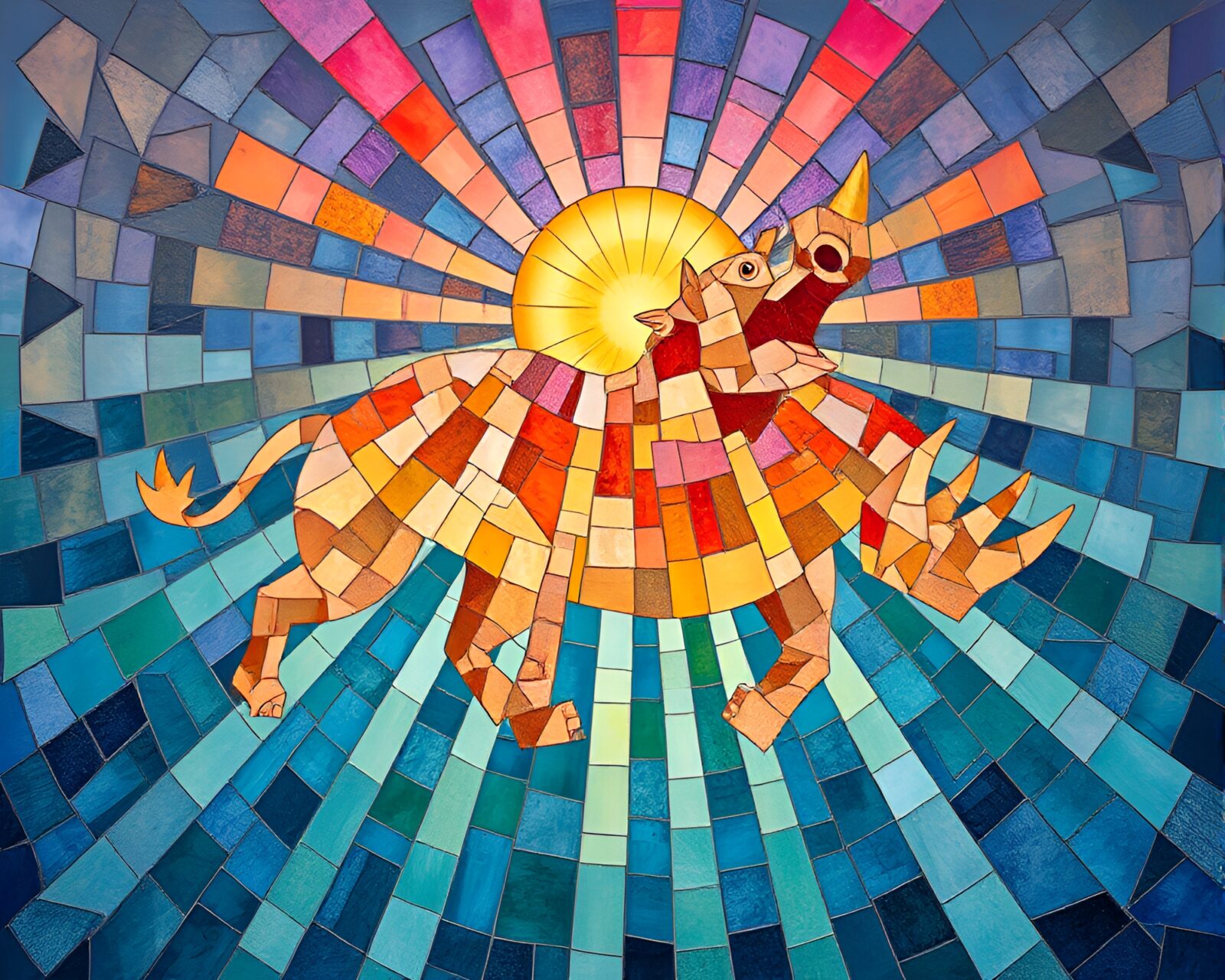 Colorful mosaic of a rhinoceros under divine light beams