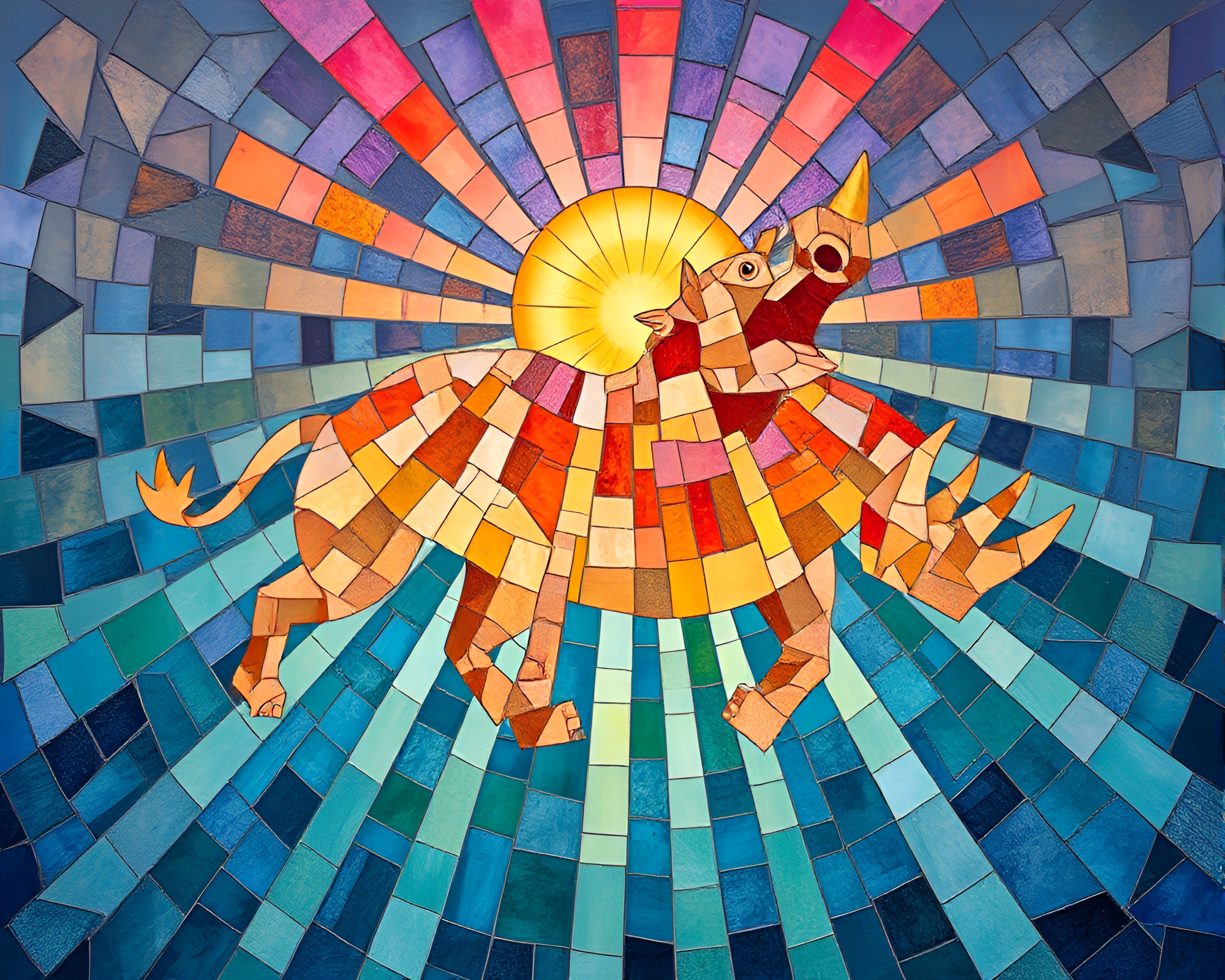 Fragmented Rhinoceros Mosaic Bathed in God Rays – free AI stock image