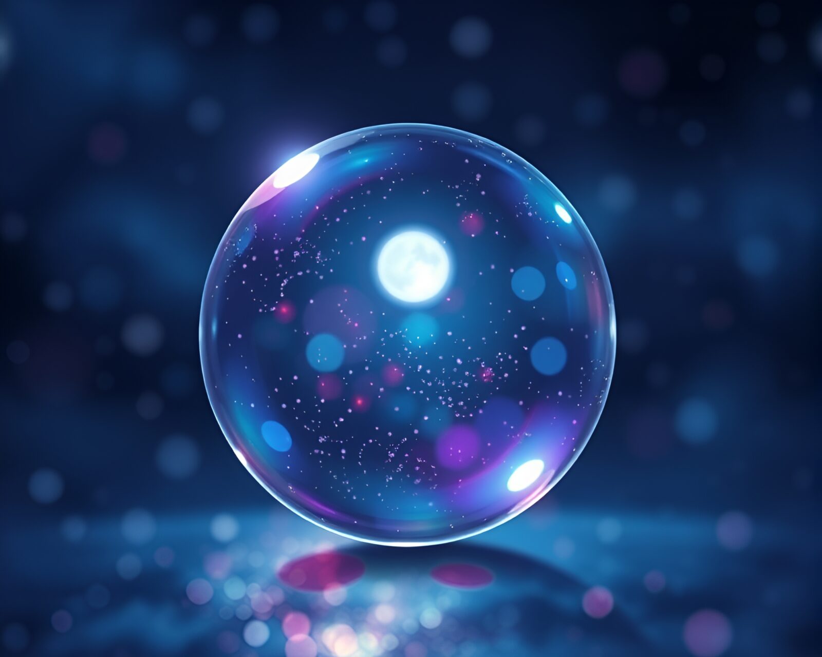 A stunning digital painting of a glass orb emitting hologram specks in a moonlit night