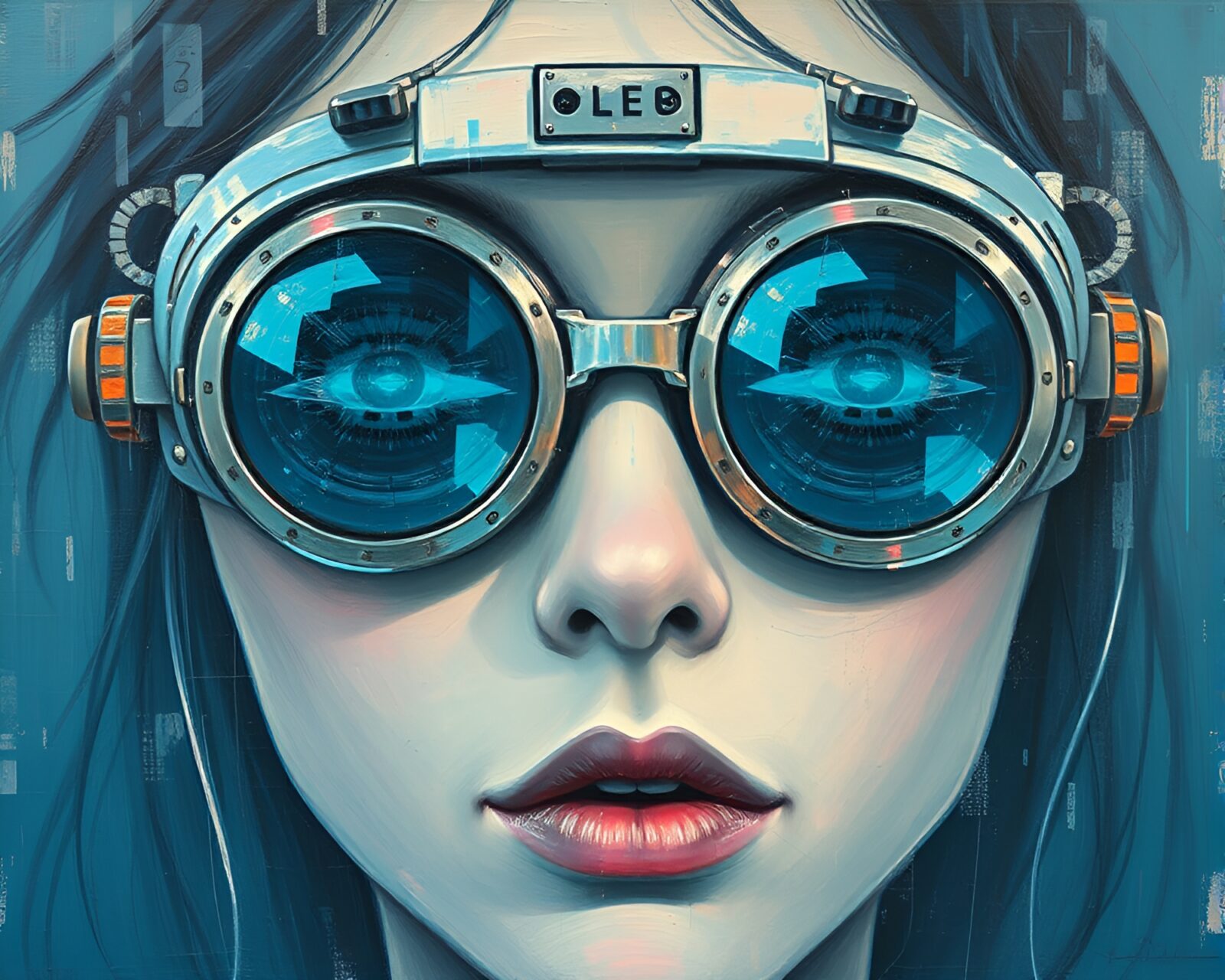Ethereal steampunk goggles with glitch effects on canvas