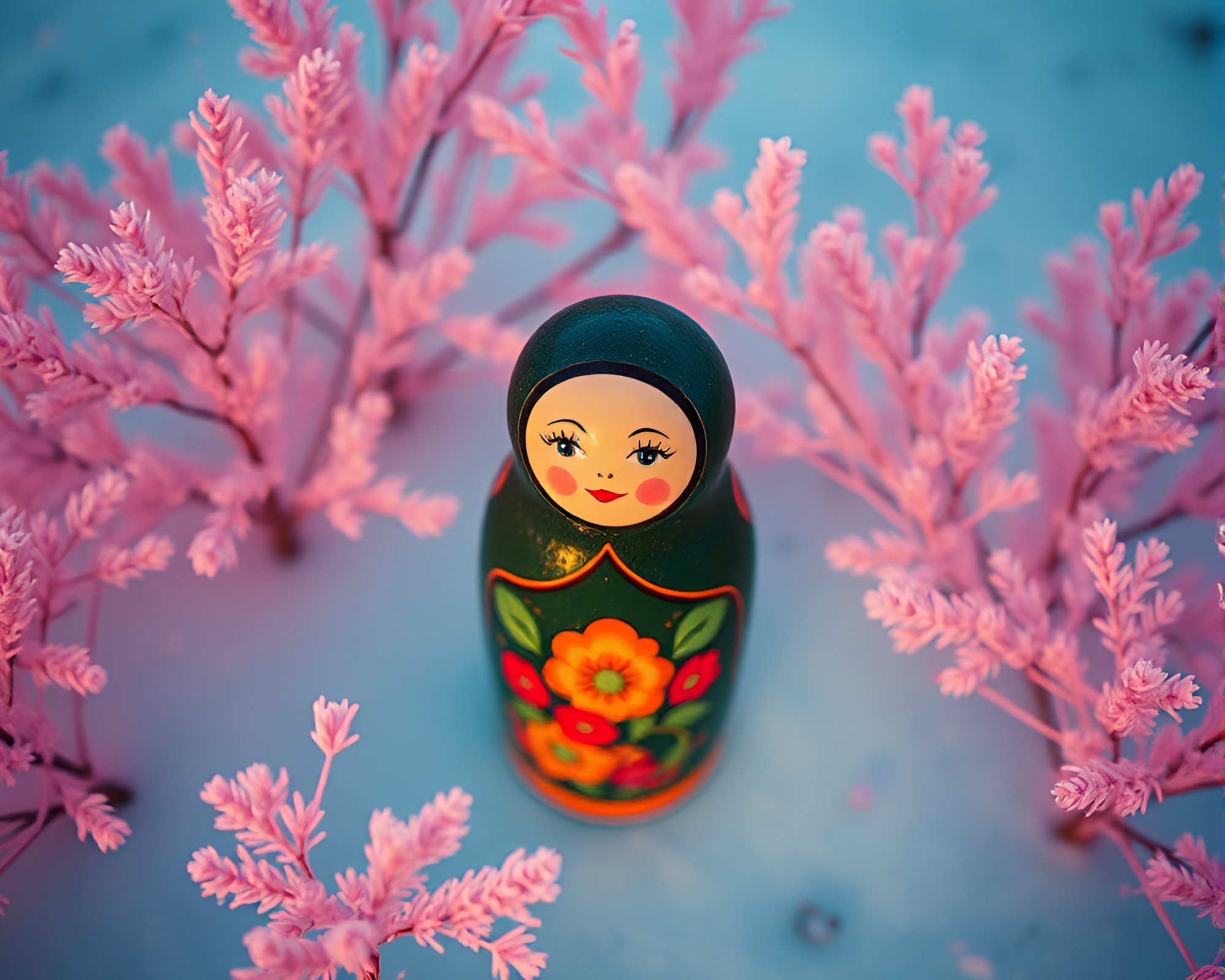 Bird’s Eye View of Matryoshka Doll in 80s VHS Style – free AI stock image